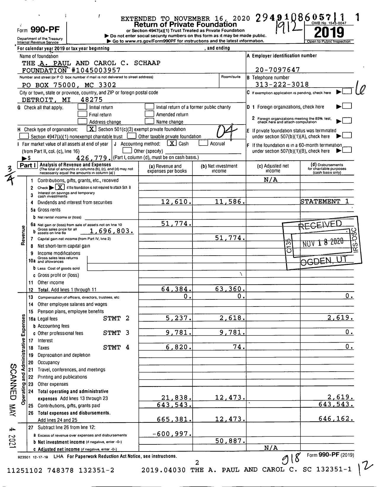 Image of first page of 2019 Form 990PF for The A Paul and Carol C Schaap Foundation #1045003957