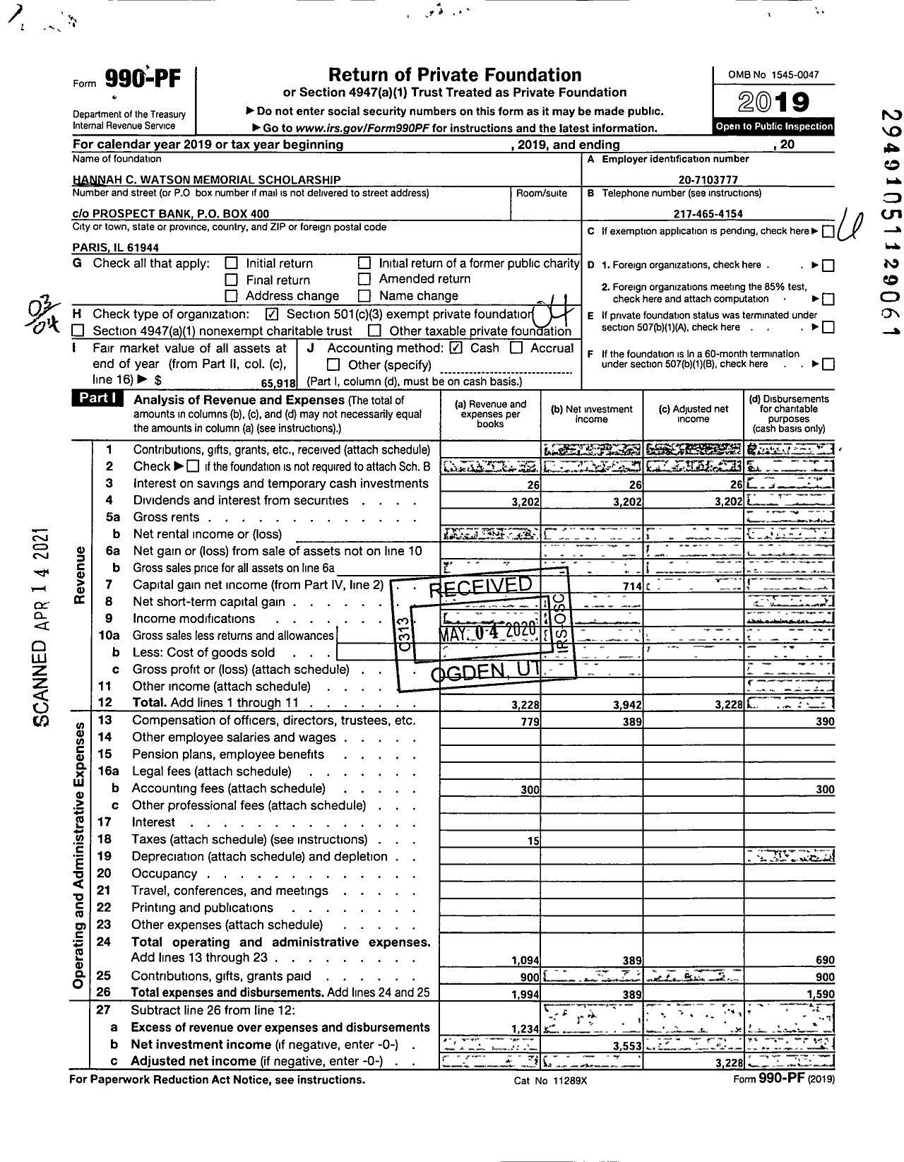 Image of first page of 2019 Form 990PF for Hannah C Watson Memorial Scholarship