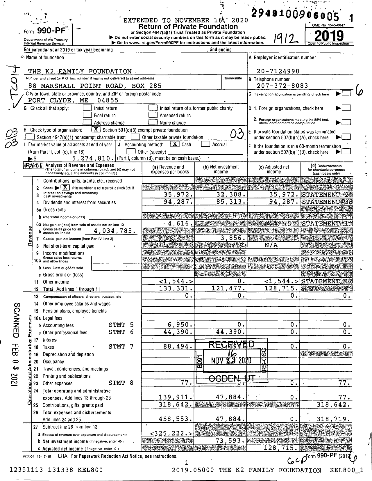 Image of first page of 2019 Form 990PF for The K2 Family Foundation