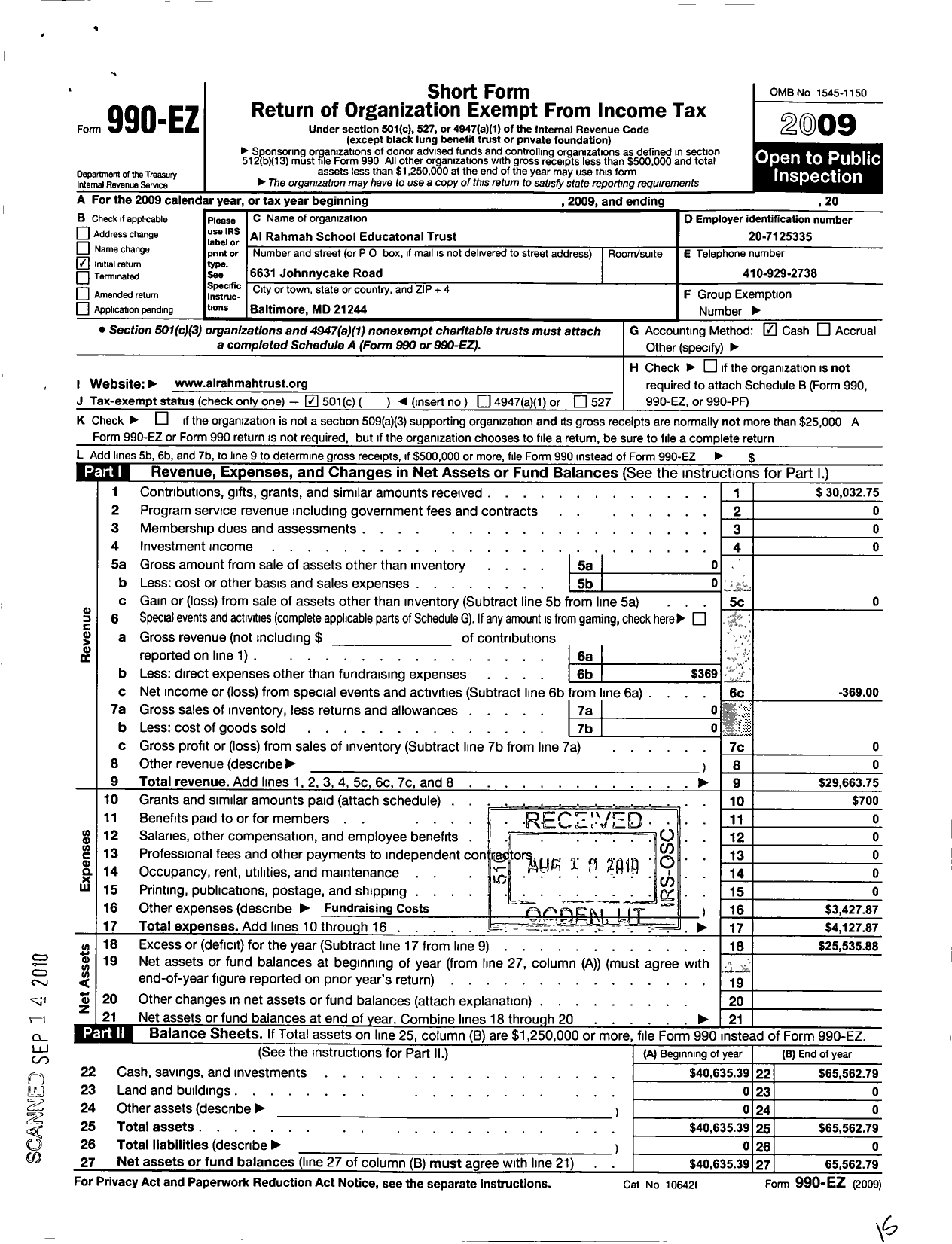 Image of first page of 2009 Form 990EO for Al Rahmah School Educational Trust