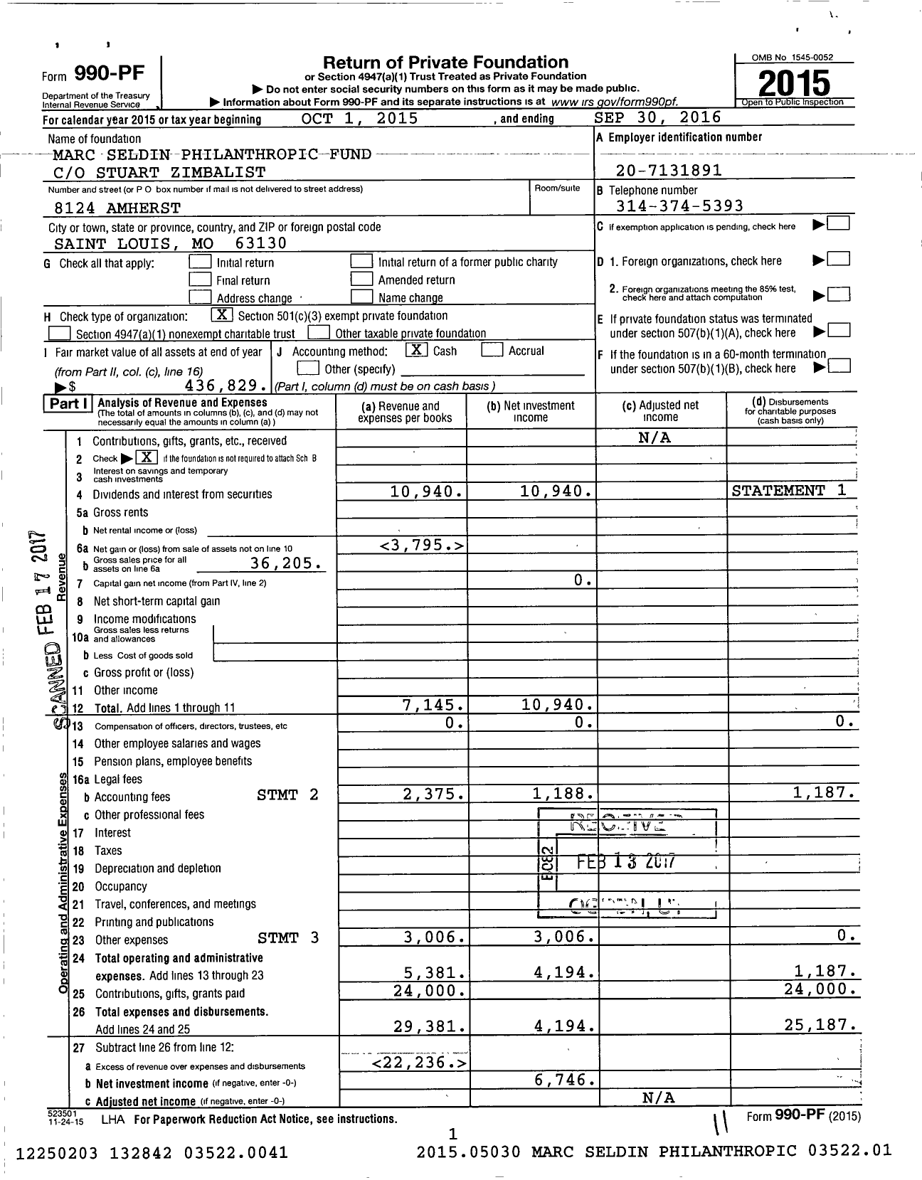 Image of first page of 2015 Form 990PF for Marc Seldin Philanthropic Fund