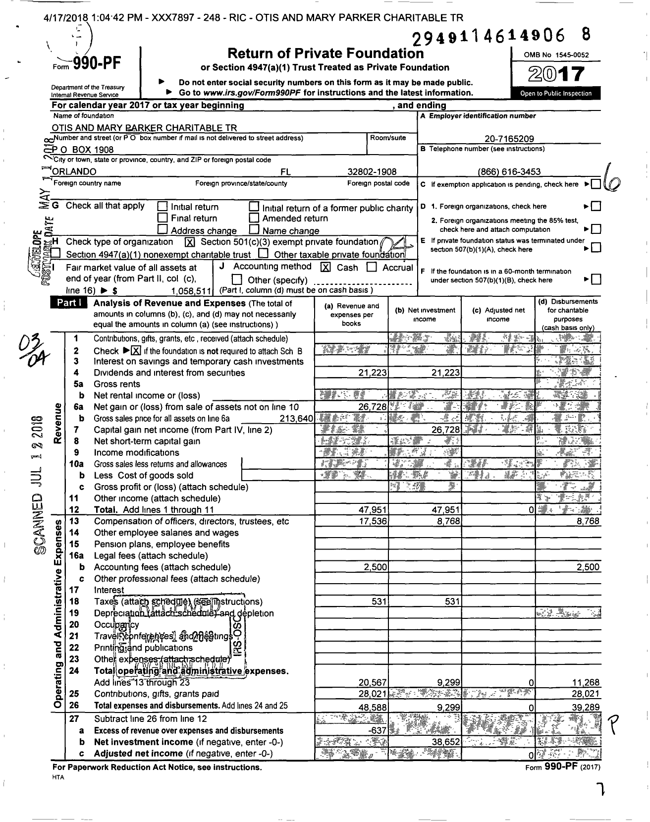 Image of first page of 2017 Form 990PF for Otis and Mary Parker Charitable Trust