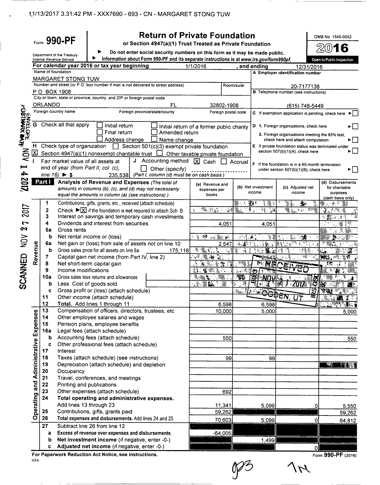 Image of first page of 2016 Form 990PF for Margaret Stong Tuw