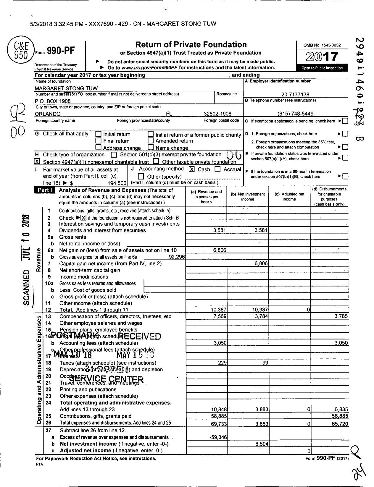 Image of first page of 2017 Form 990PF for Margaret Stong Tuw