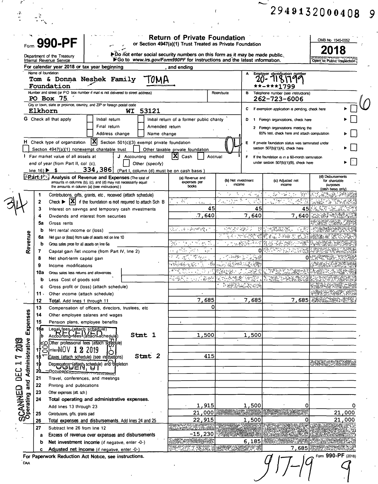 Image of first page of 2018 Form 990PF for Tom and Donna Neshek Family Foundation