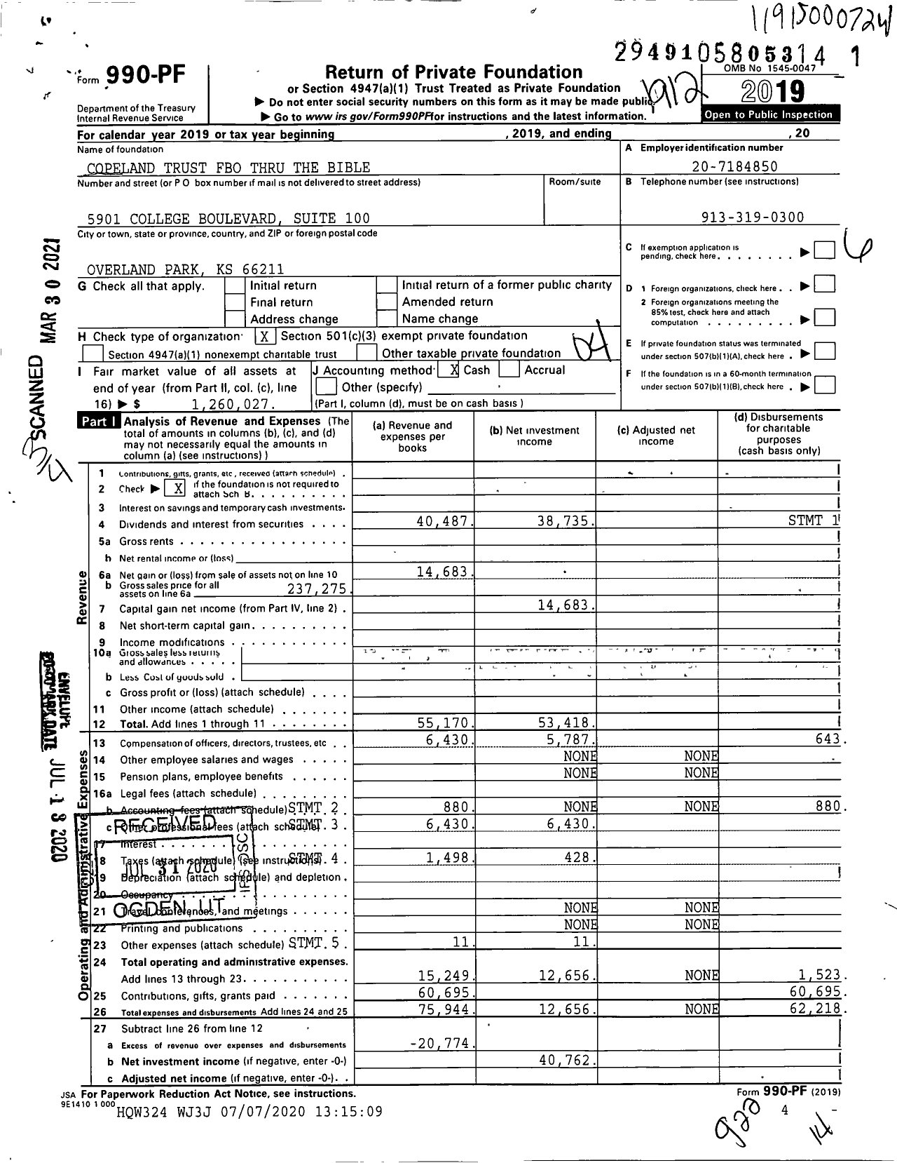 Image of first page of 2019 Form 990PF for Copeland Trust Fbo Thru the Bible