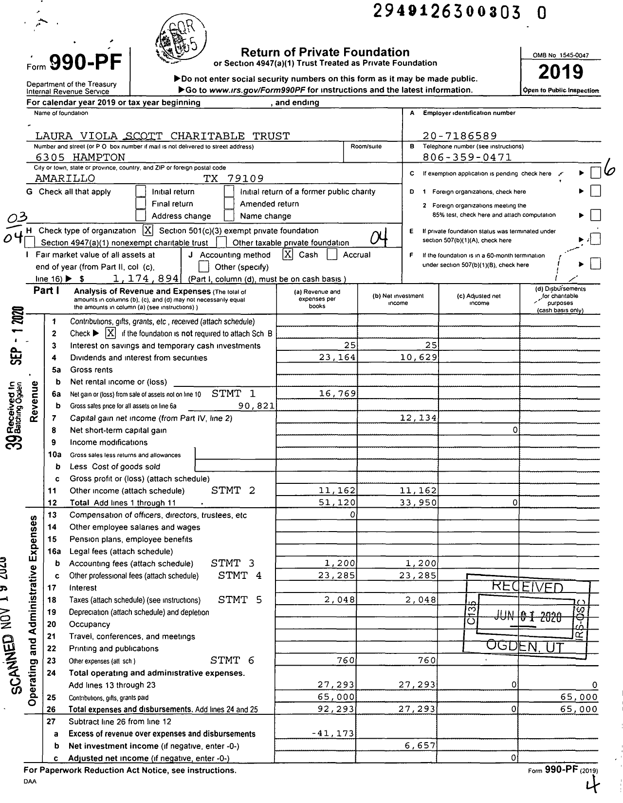 Image of first page of 2019 Form 990PF for Laura Viola Scott Charitable Trust