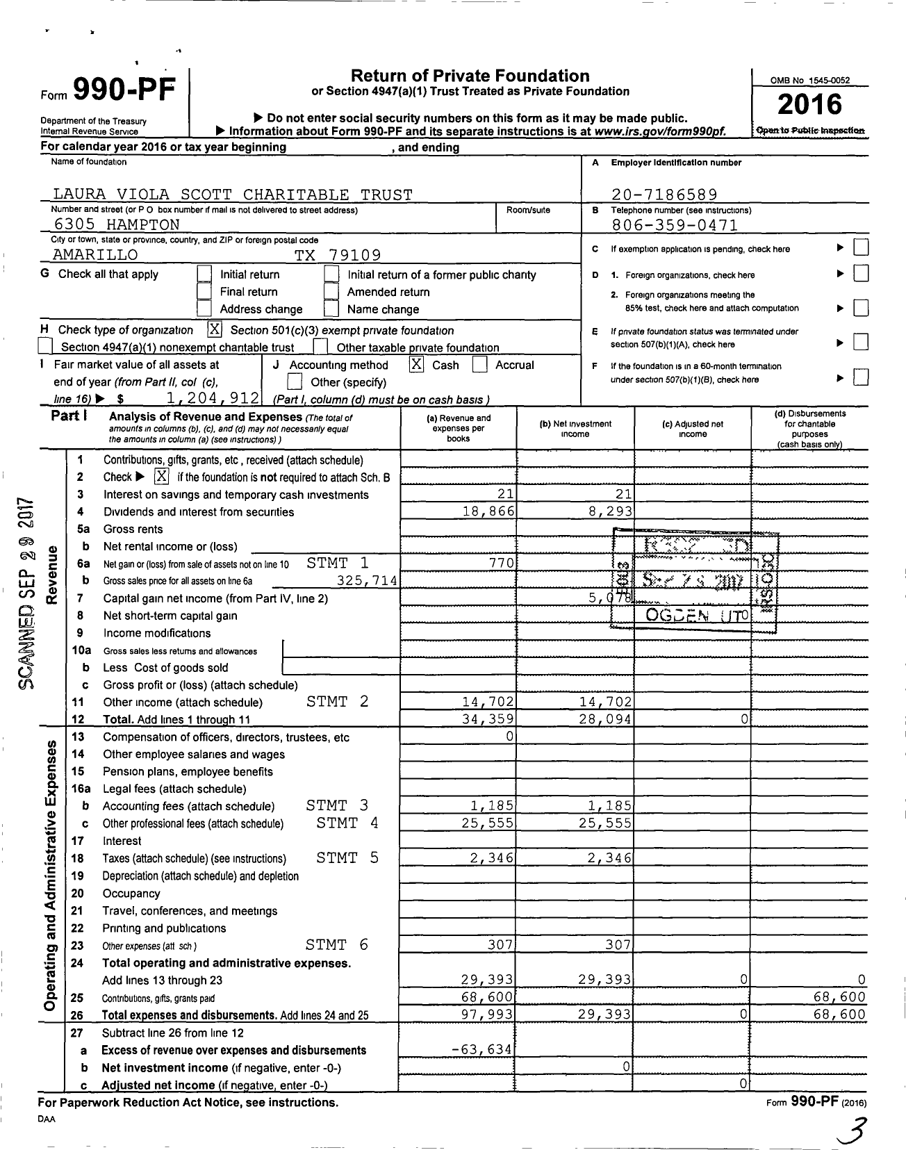 Image of first page of 2016 Form 990PF for Laura Viola Scott Charitable Trust