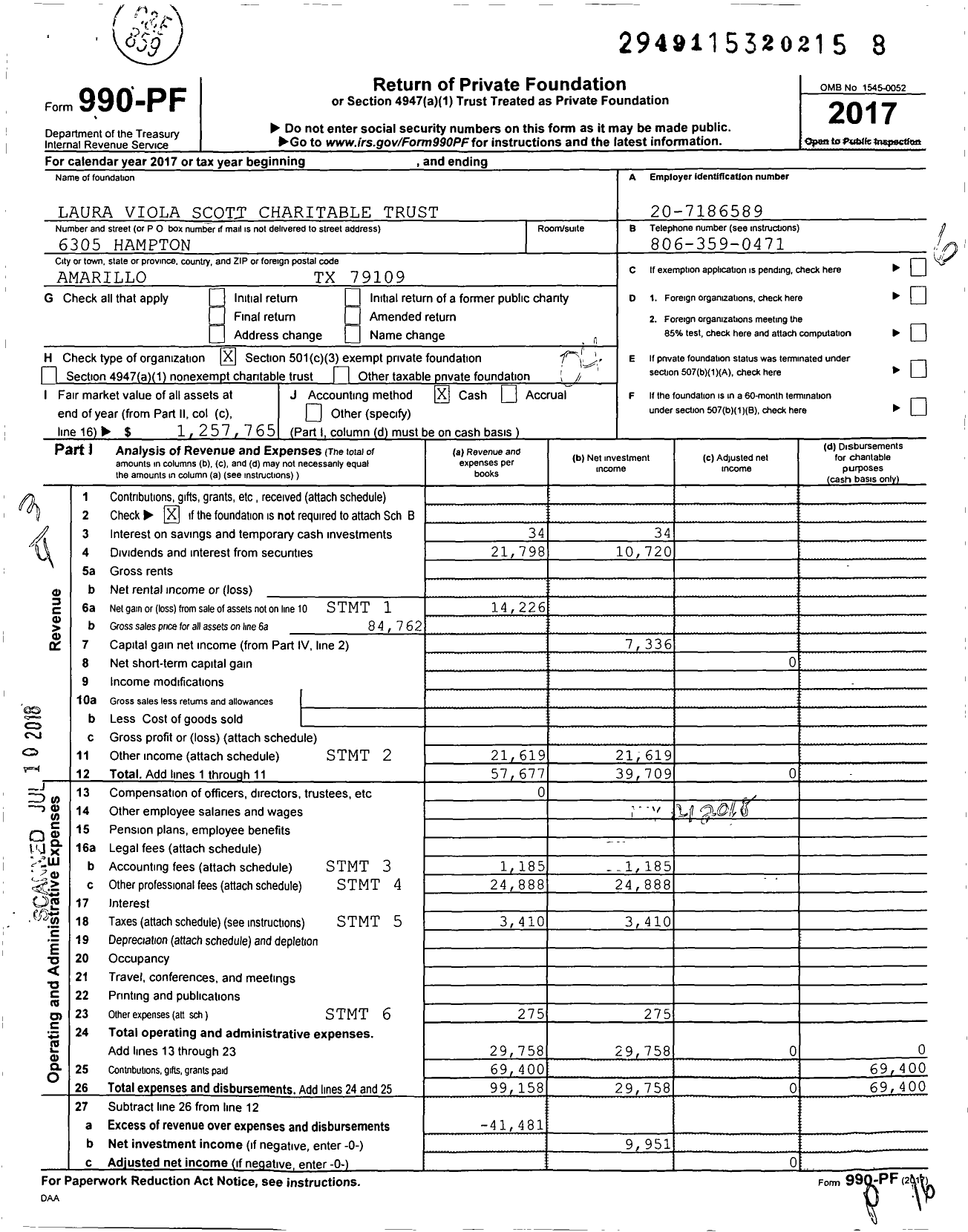 Image of first page of 2017 Form 990PF for Laura Viola Scott Charitable Trust