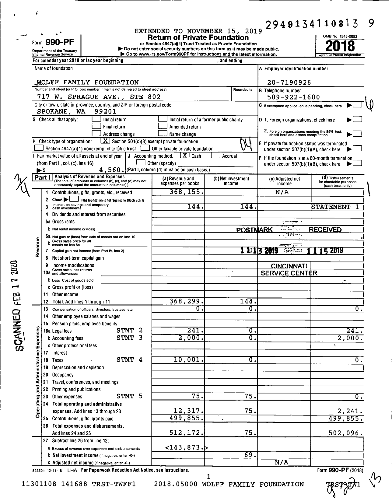 Image of first page of 2018 Form 990PF for Wolff Family Foundation