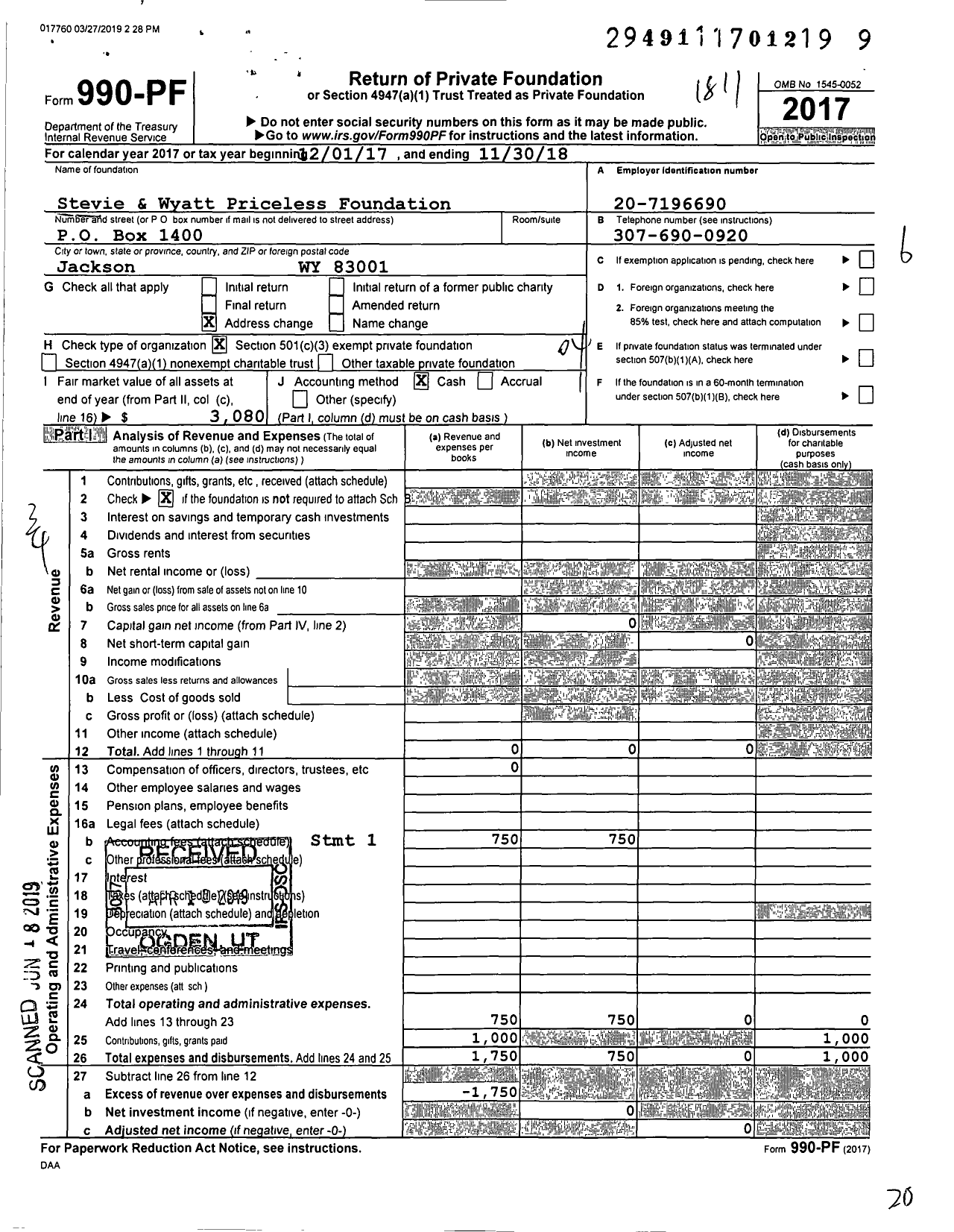 Image of first page of 2017 Form 990PF for Stevie and Wyatt Priceless Foundation