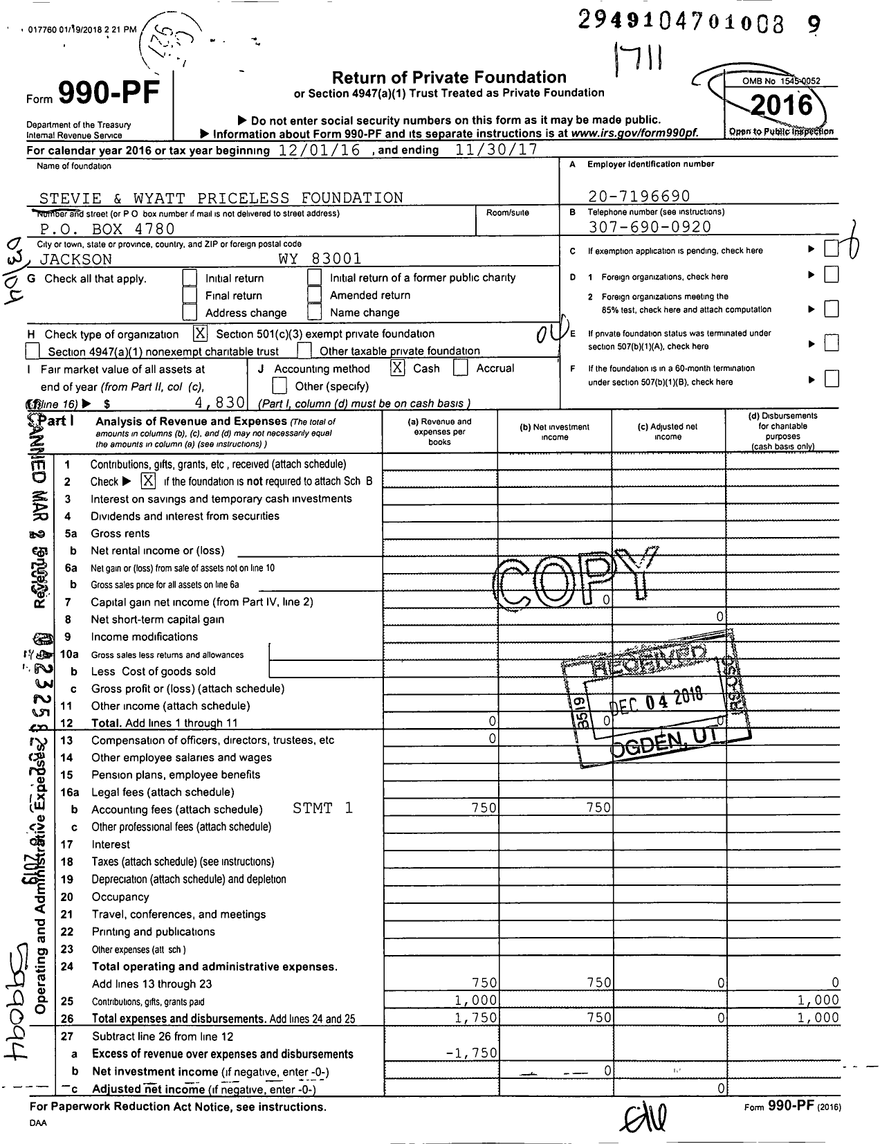 Image of first page of 2016 Form 990PF for Stevie and Wyatt Priceless Foundation