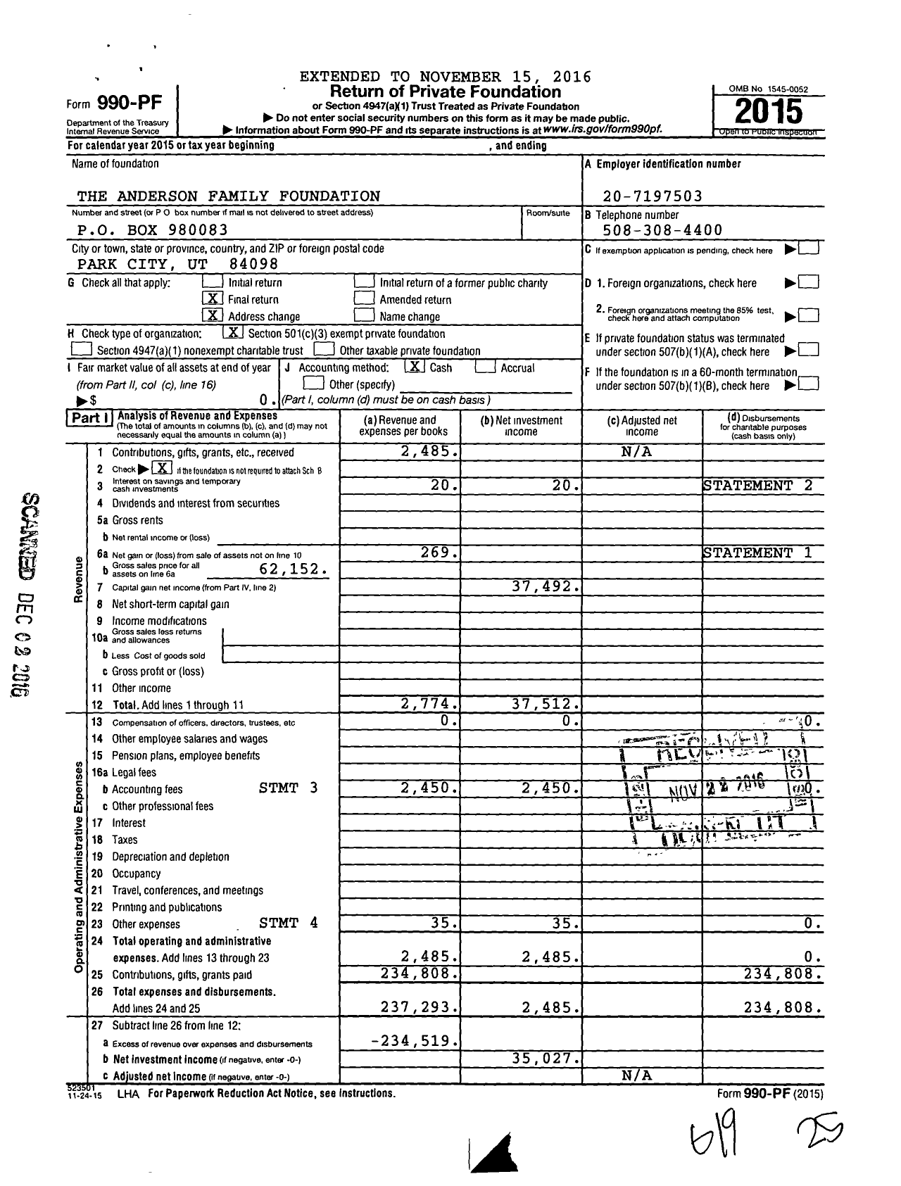 Image of first page of 2015 Form 990PF for The Anderson Family Foundation / Charles A Cheever Ttee