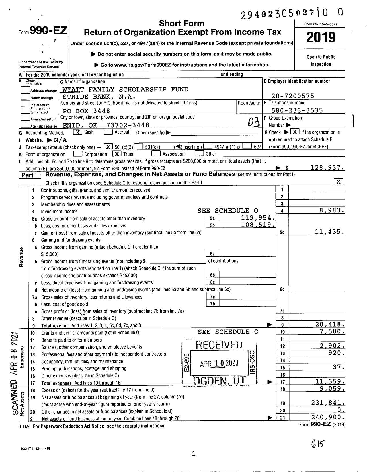 Image of first page of 2019 Form 990EZ for Wyatt Family Scholarship Fund Stride Bank Na