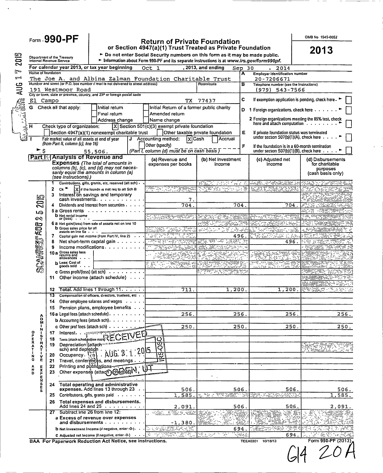 Image of first page of 2013 Form 990PF for Joe A and Albina Zalman Foundation Charitable Trust