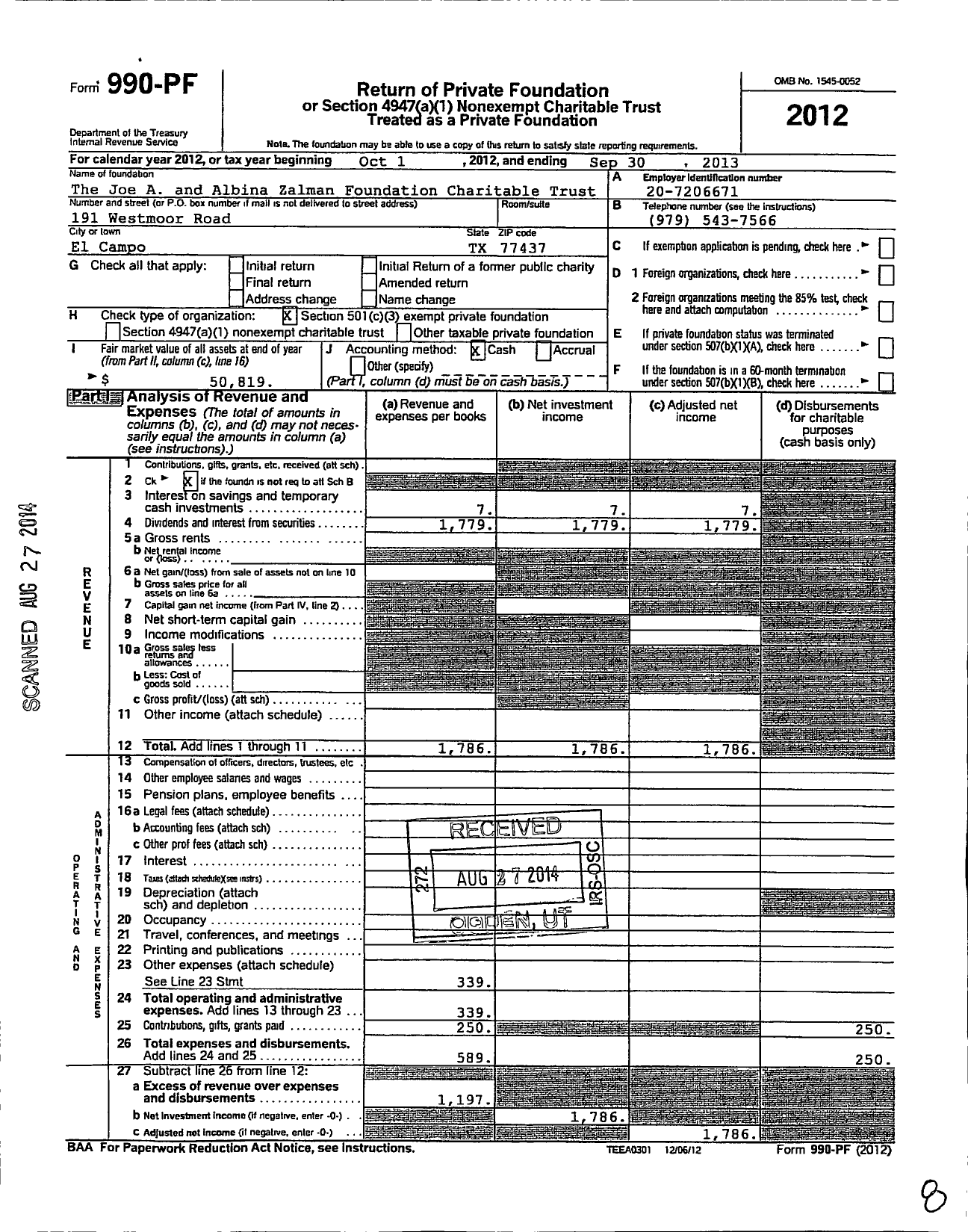 Image of first page of 2012 Form 990PF for Joe A and Albina Zalman Foundation Charitable Trust