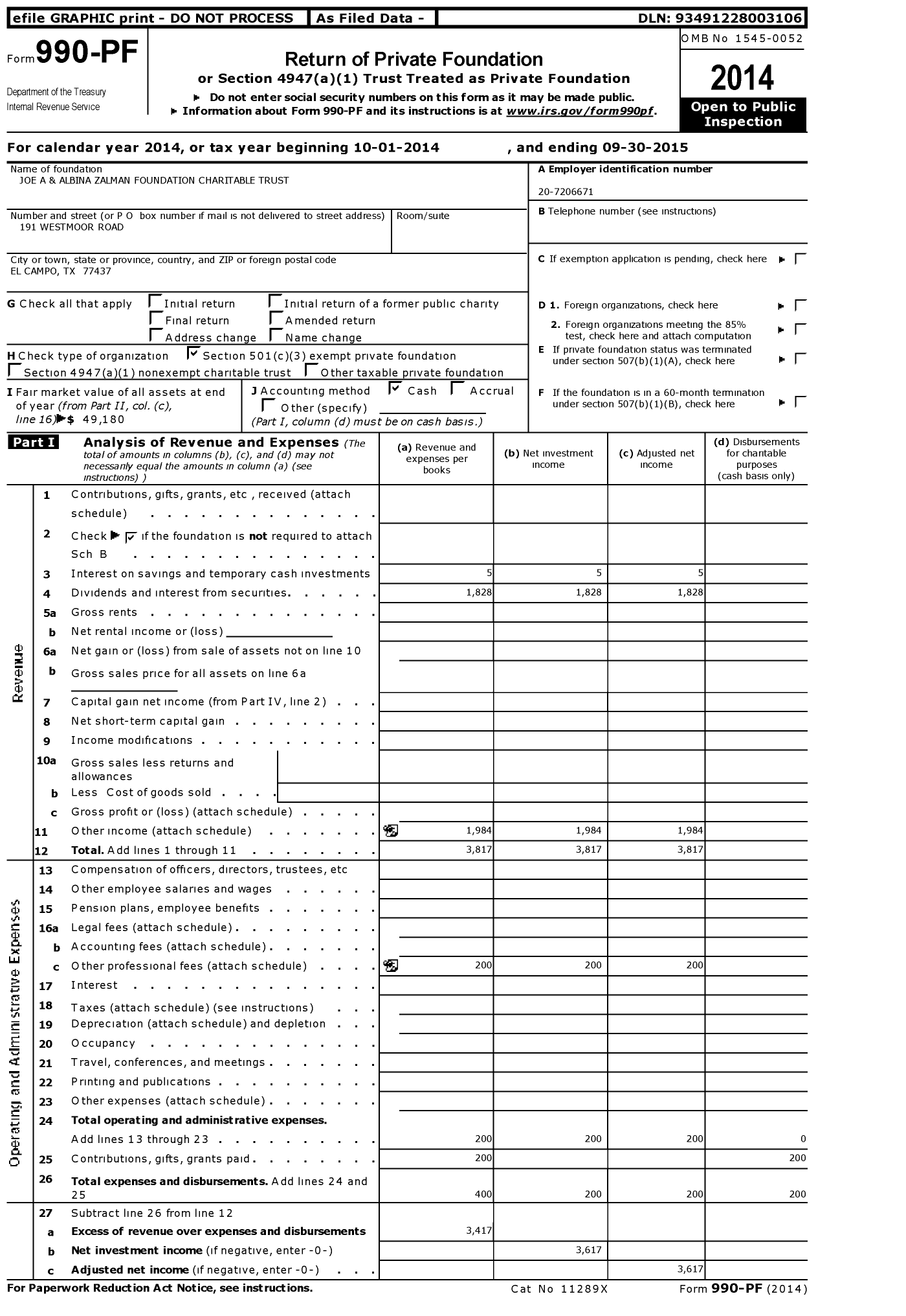 Image of first page of 2014 Form 990PF for Joe A and Albina Zalman Foundation Charitable Trust