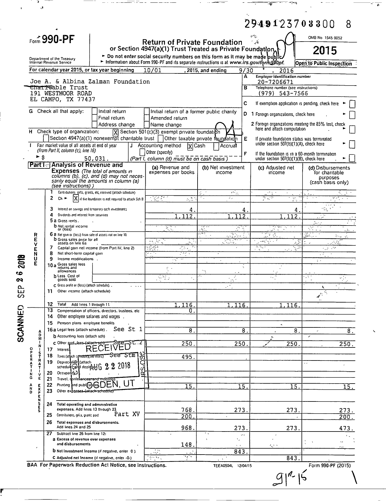 Image of first page of 2015 Form 990PF for Joe A and Albina Zalman Foundation Charitable Trust