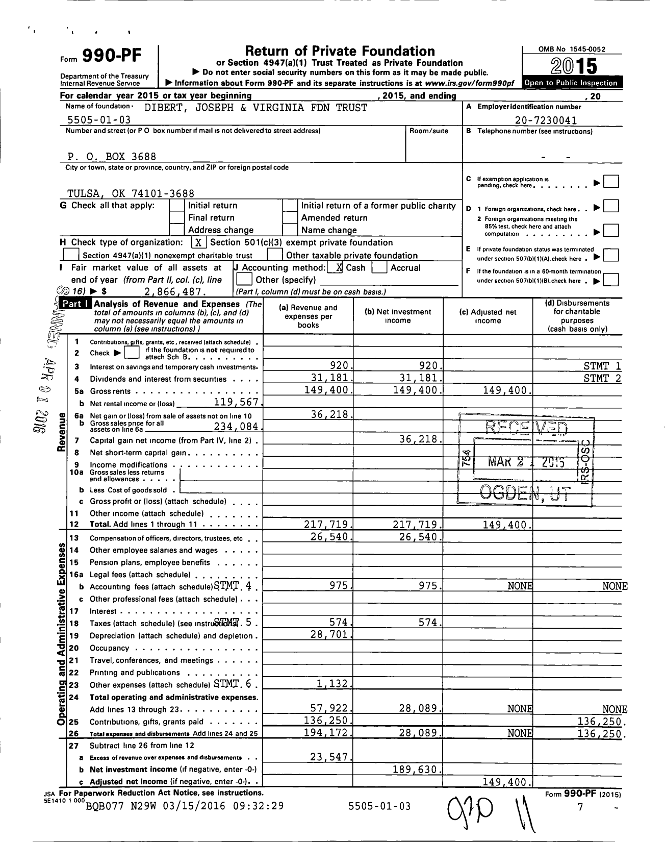 Image of first page of 2015 Form 990PF for Joseph and Virginia Dibert Foundation Trust