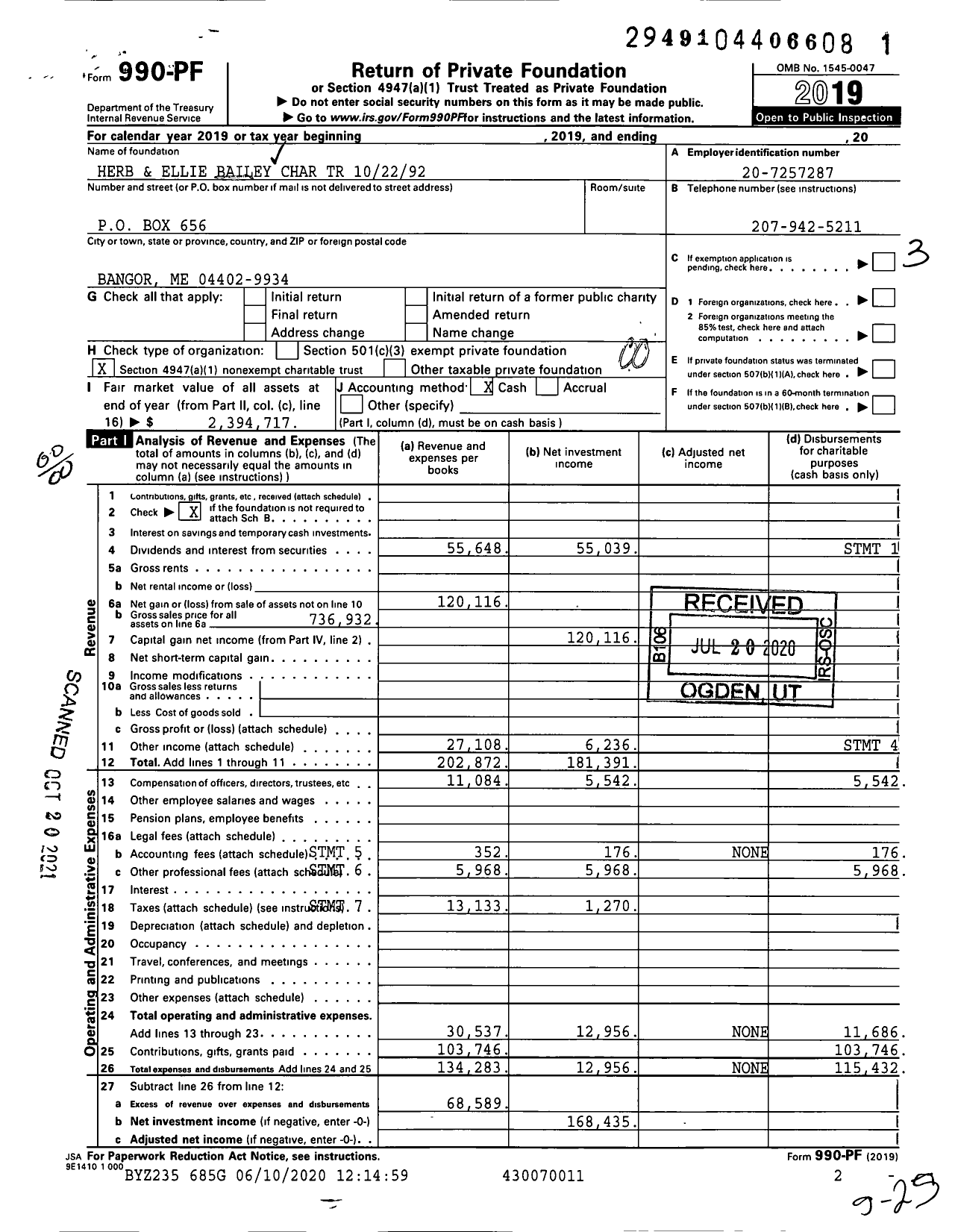 Image of first page of 2019 Form 990PF for Herb and Ellie Bailey Charitable Trust 102292