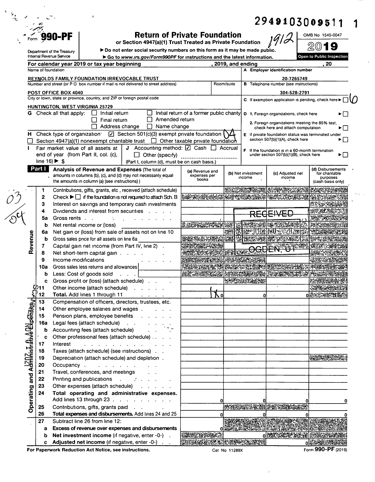 Image of first page of 2019 Form 990PF for Reynolds Family Foundation / Marshall T Reynolds Ttee