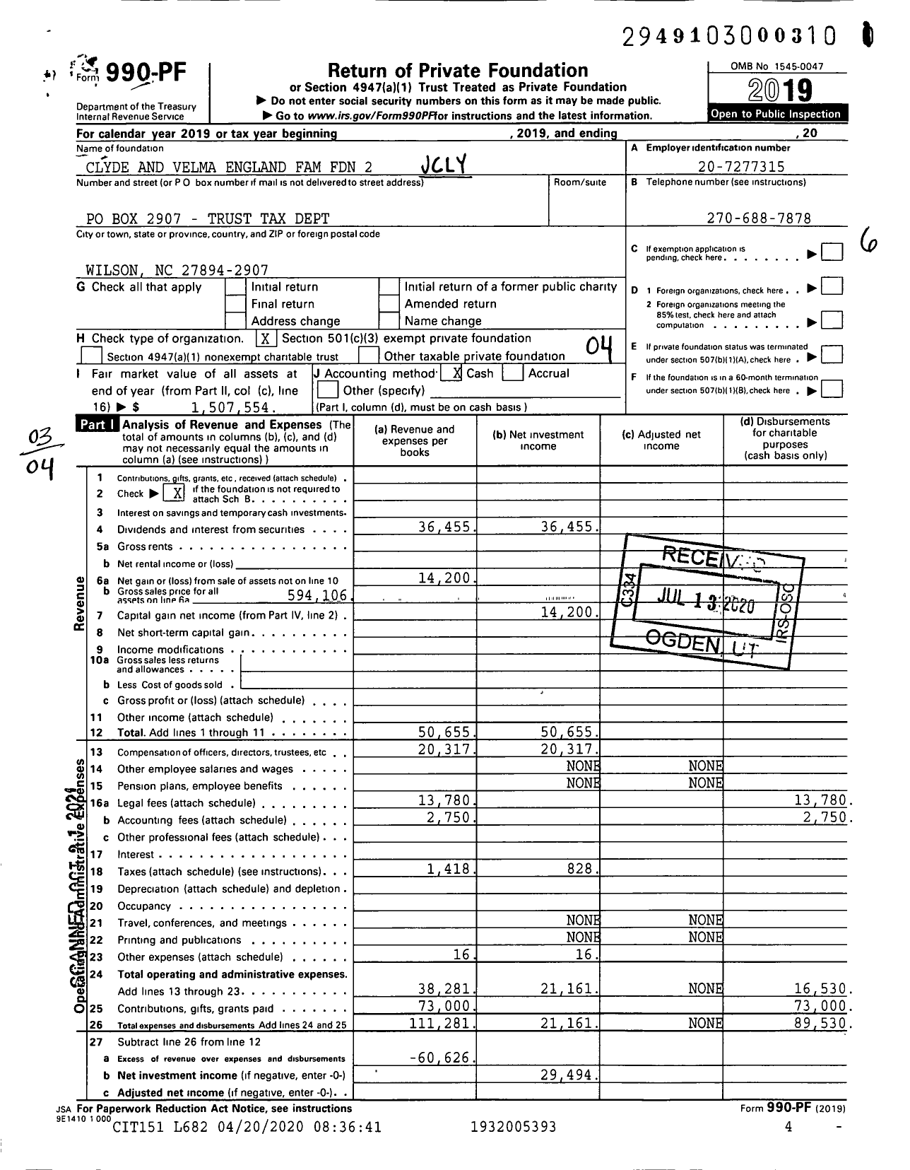 Image of first page of 2019 Form 990PF for Clyde and Velma England Family Foundation 2