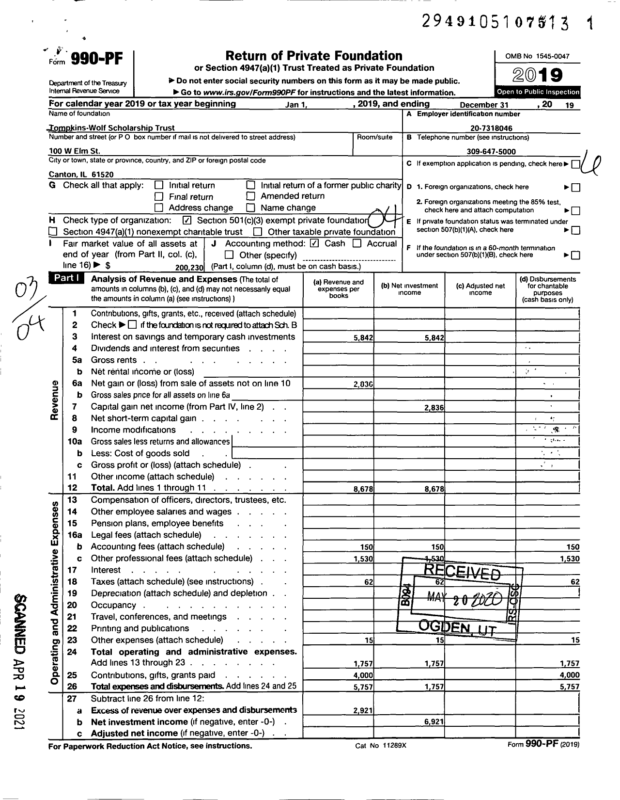 Image of first page of 2019 Form 990PF for The Tompkins-Wolf Scholarship Trust Dated May