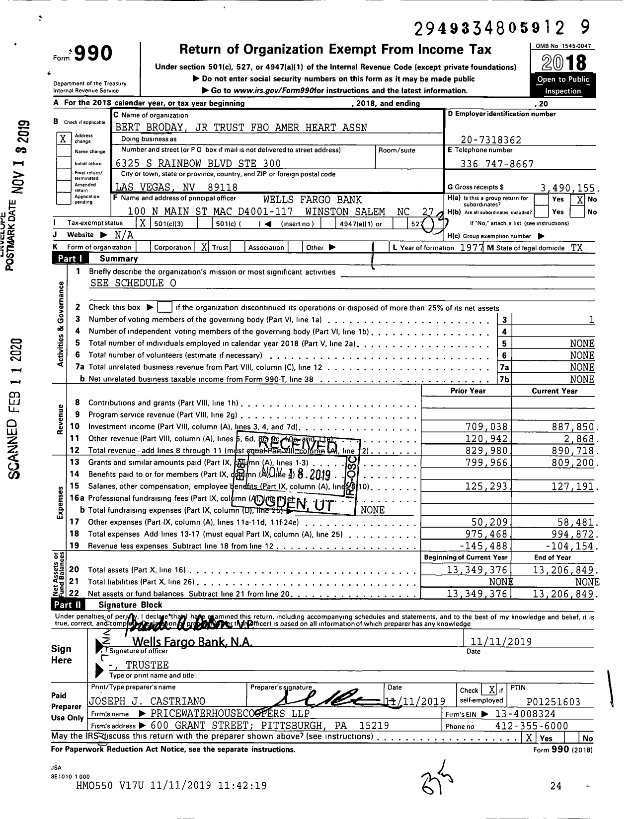 Image of first page of 2018 Form 990 for Bert Broday JR Trust Fbo Amer Heart Association