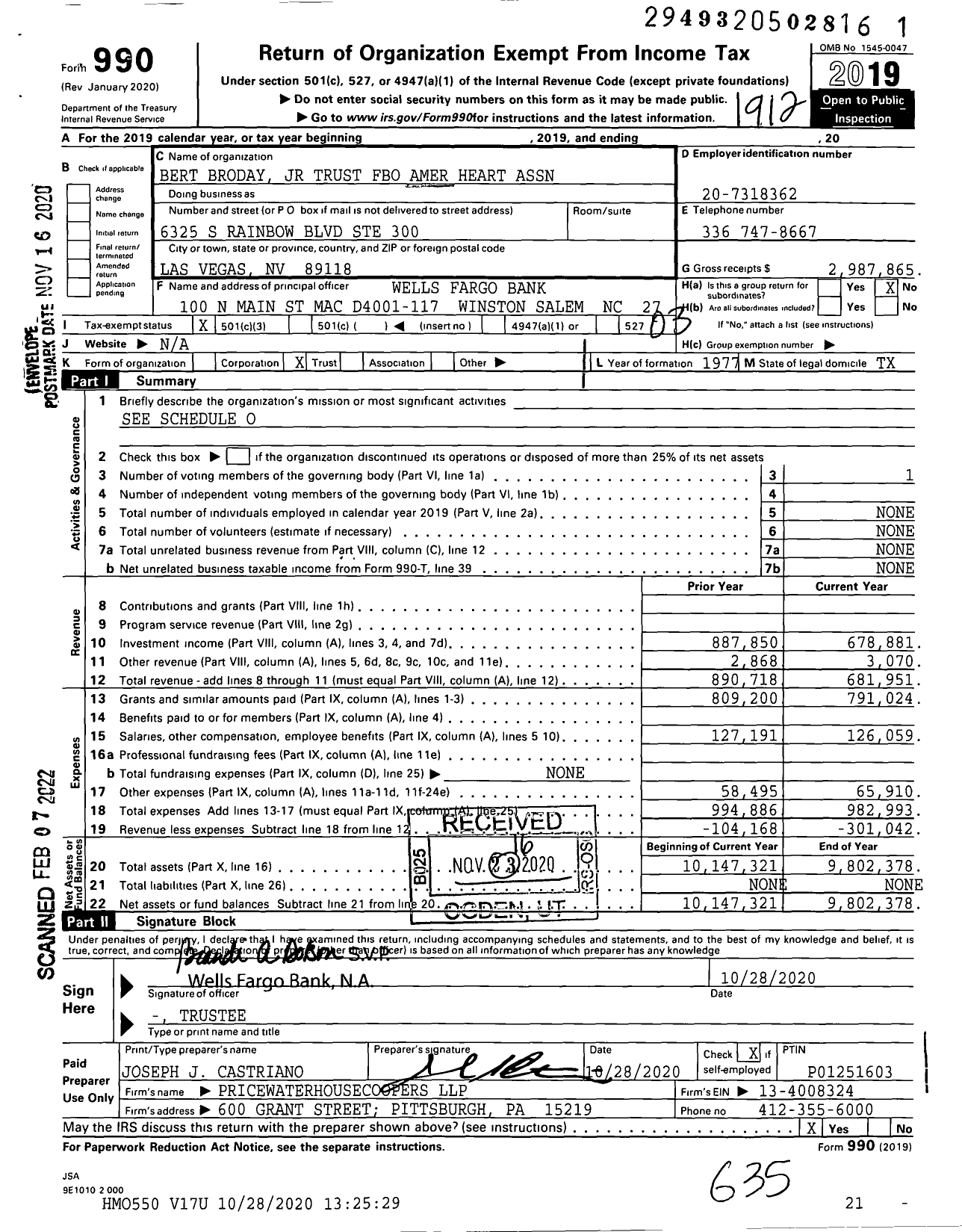 Image of first page of 2019 Form 990 for Bert Broday JR Trust Fbo Amer Heart Association