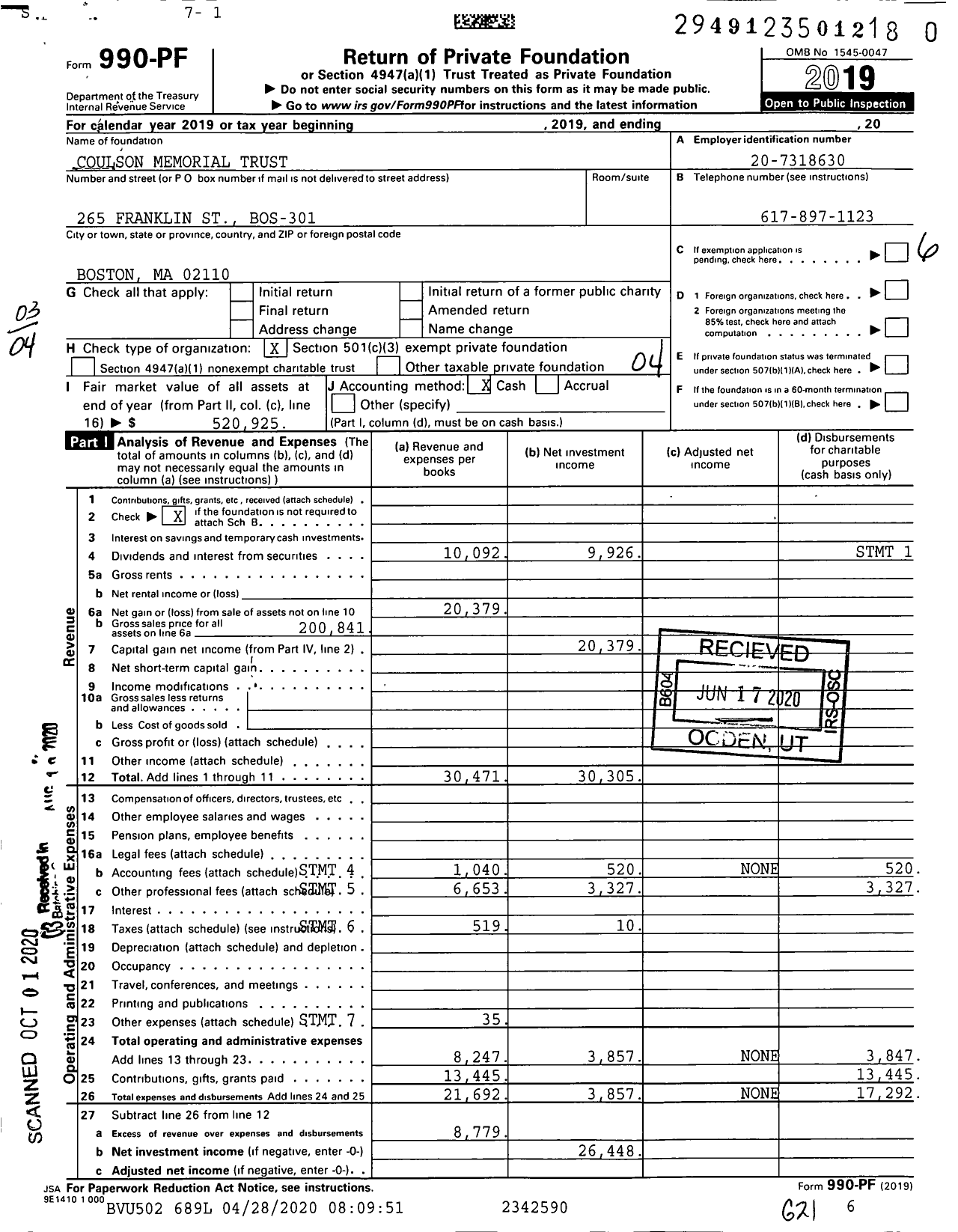 Image of first page of 2019 Form 990PR for Coulson Memorial Trust