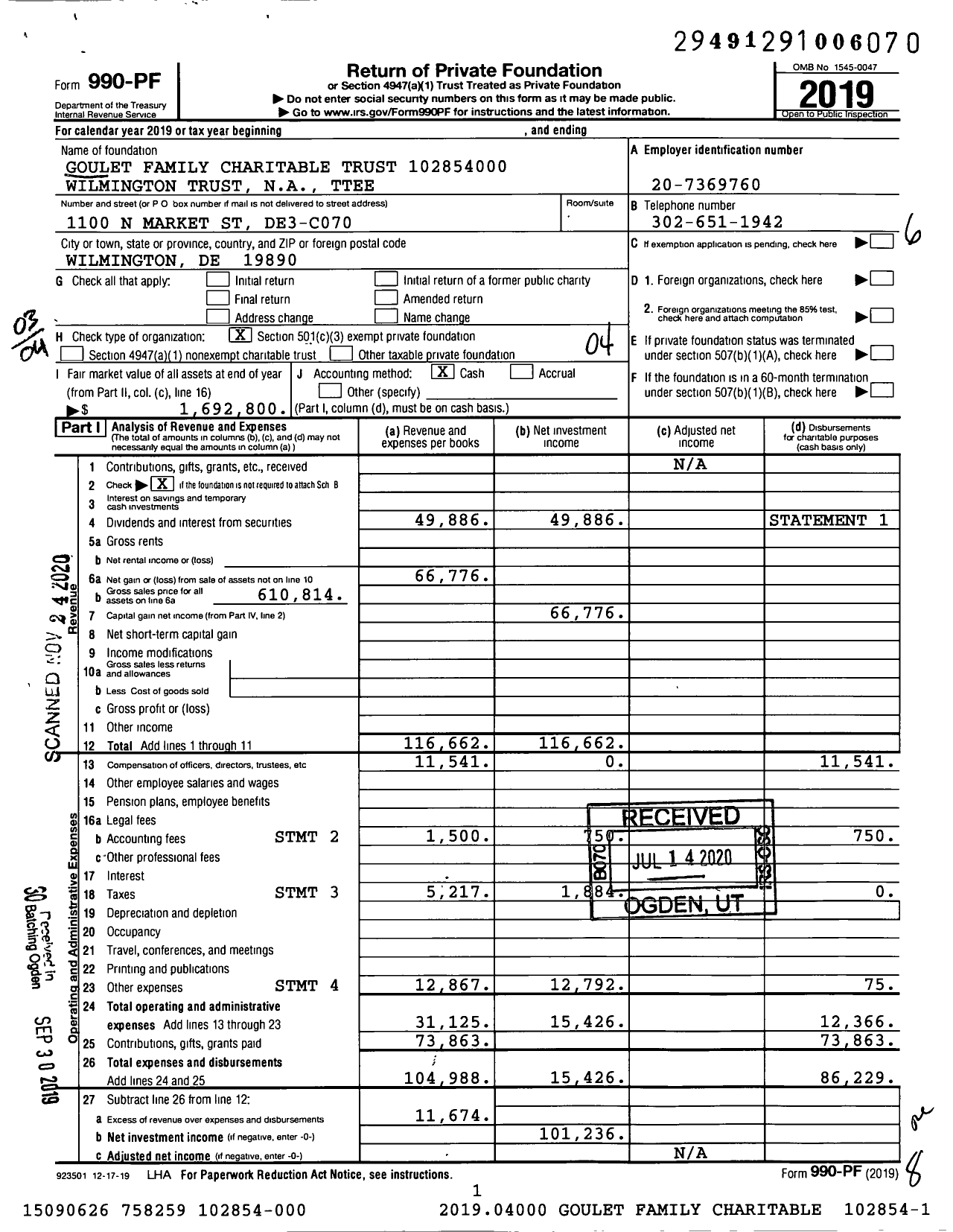 Image of first page of 2019 Form 990PF for Goulet Family Charitable Trust 5123146