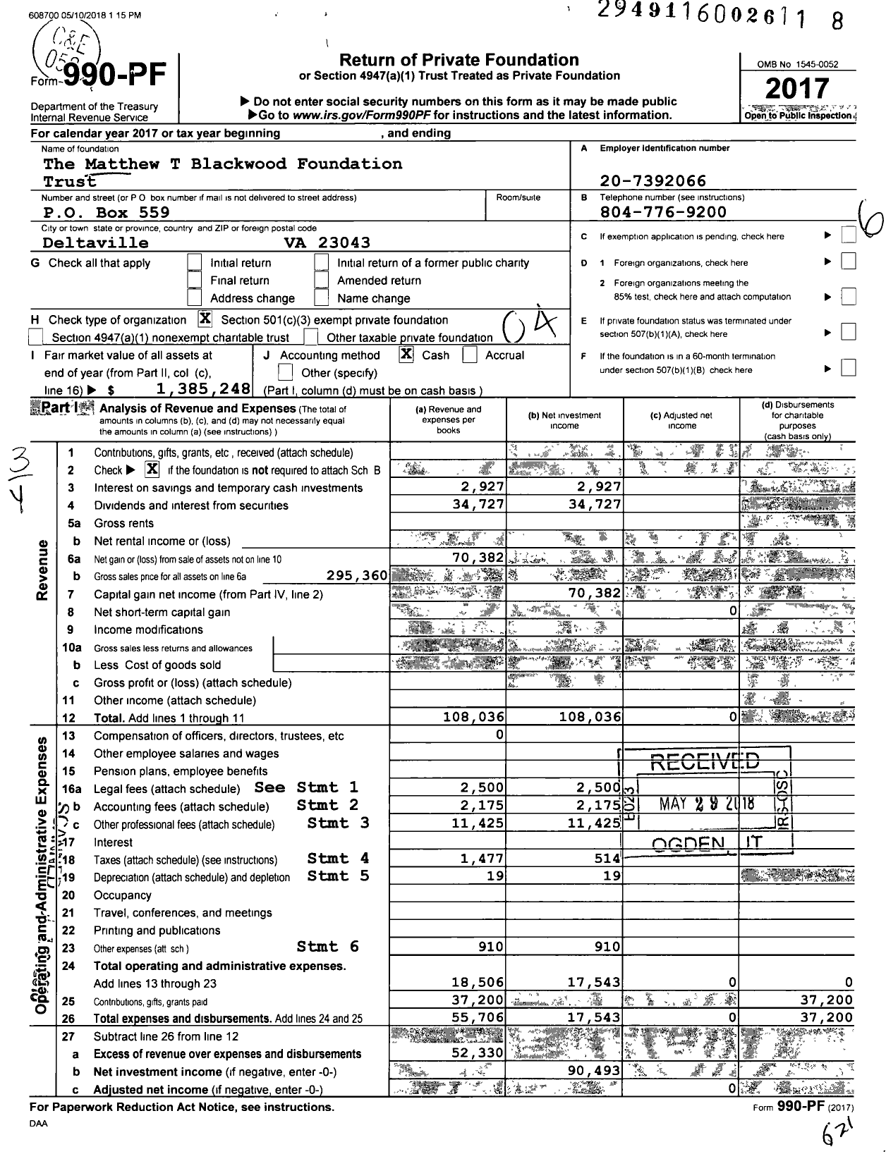 Image of first page of 2017 Form 990PF for Matthew T Blackwood Foundation Trust