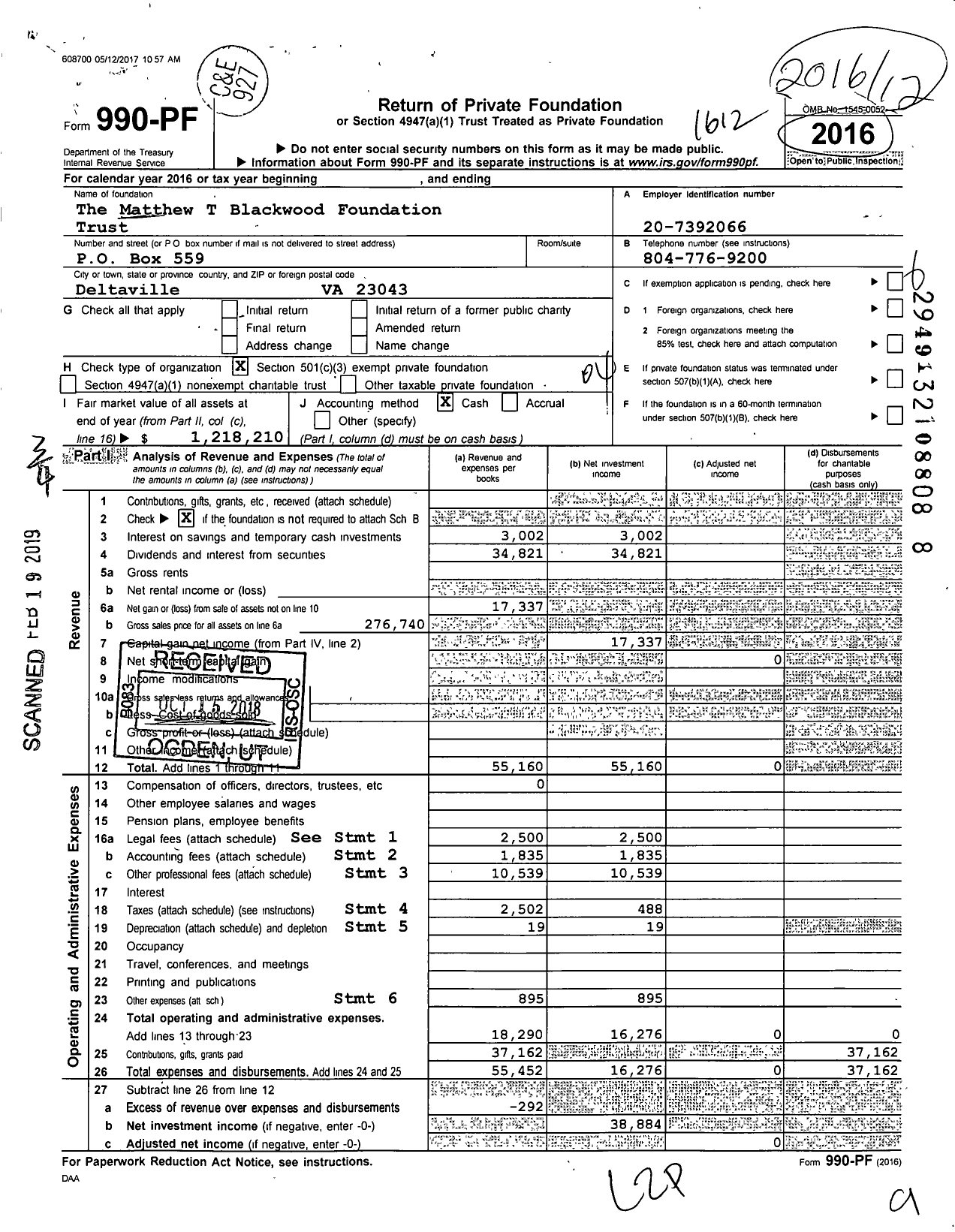 Image of first page of 2016 Form 990PF for Matthew T Blackwood Foundation Trust