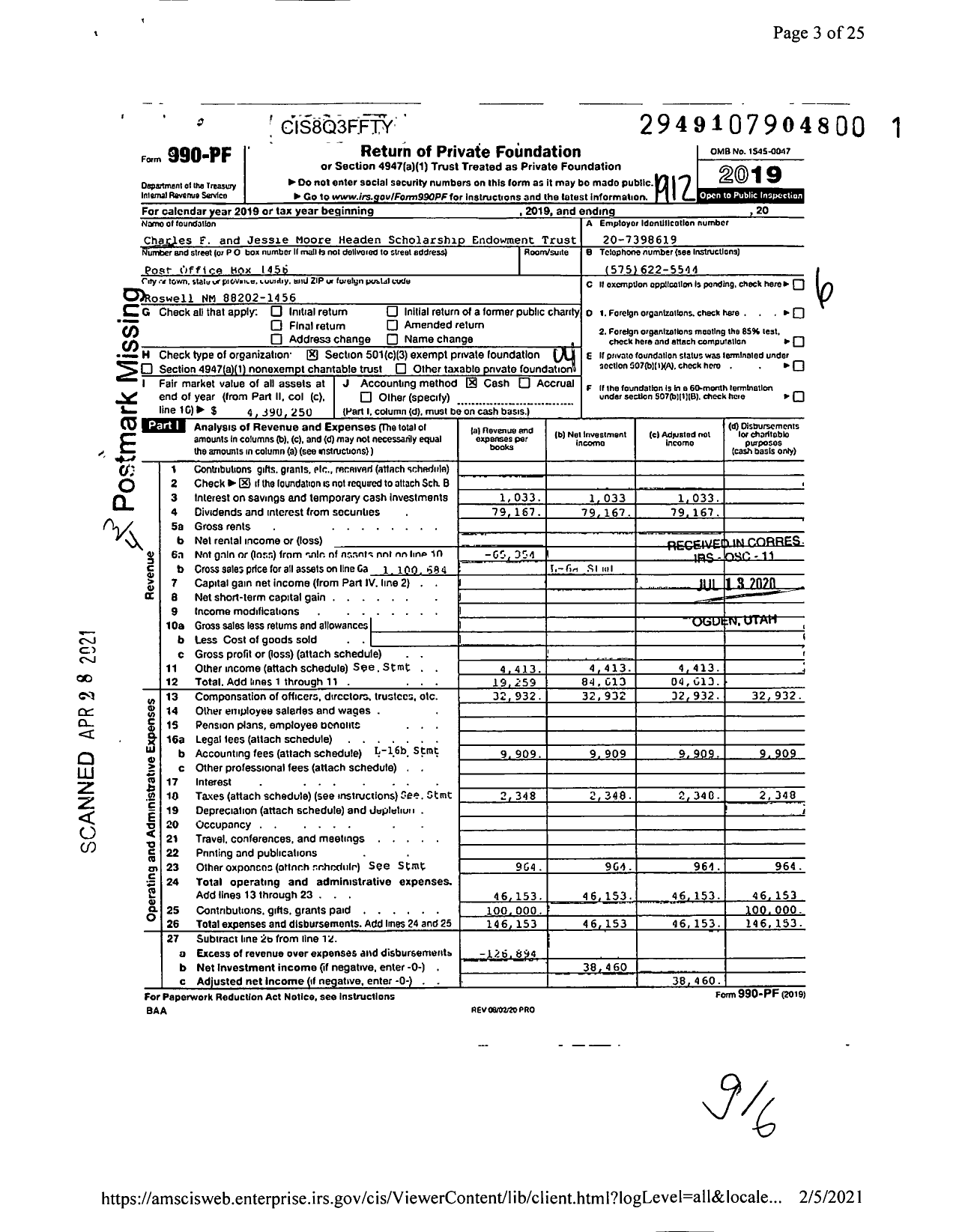 Image of first page of 2019 Form 990PF for Charles F and Jessie Moore Headen Scholarship Endowment Trust