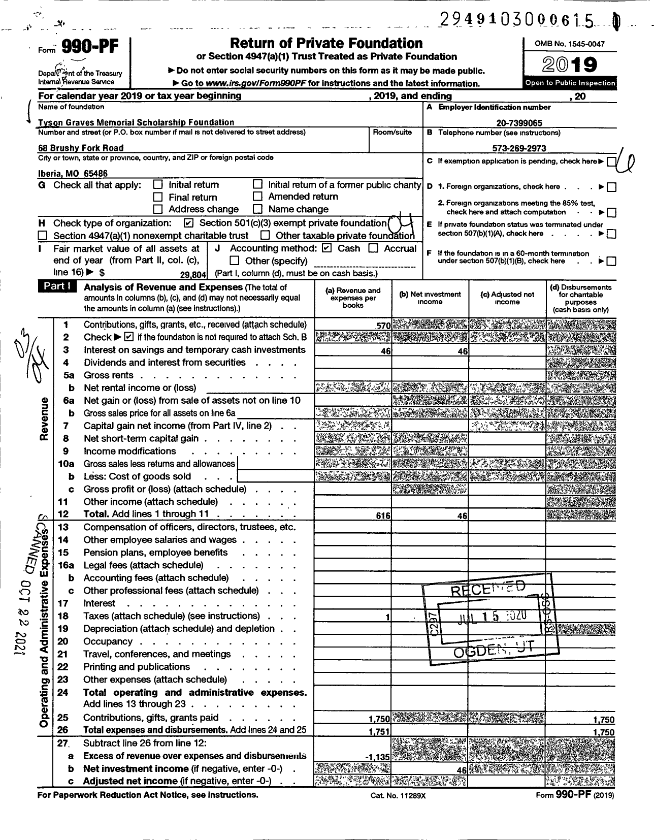 Image of first page of 2019 Form 990PF for Tyson Graves Memorial Scholarship Foundation