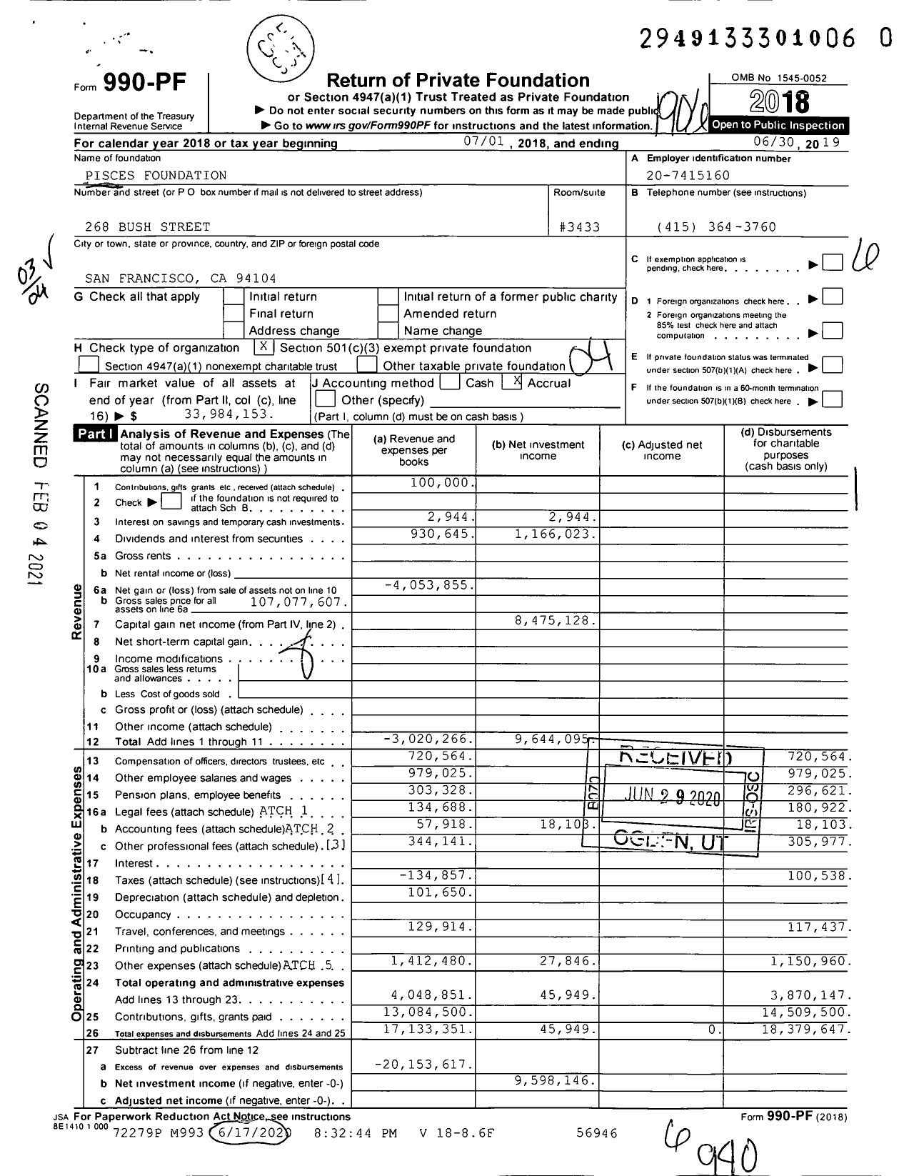 Image of first page of 2018 Form 990PF for Pisces Foundation