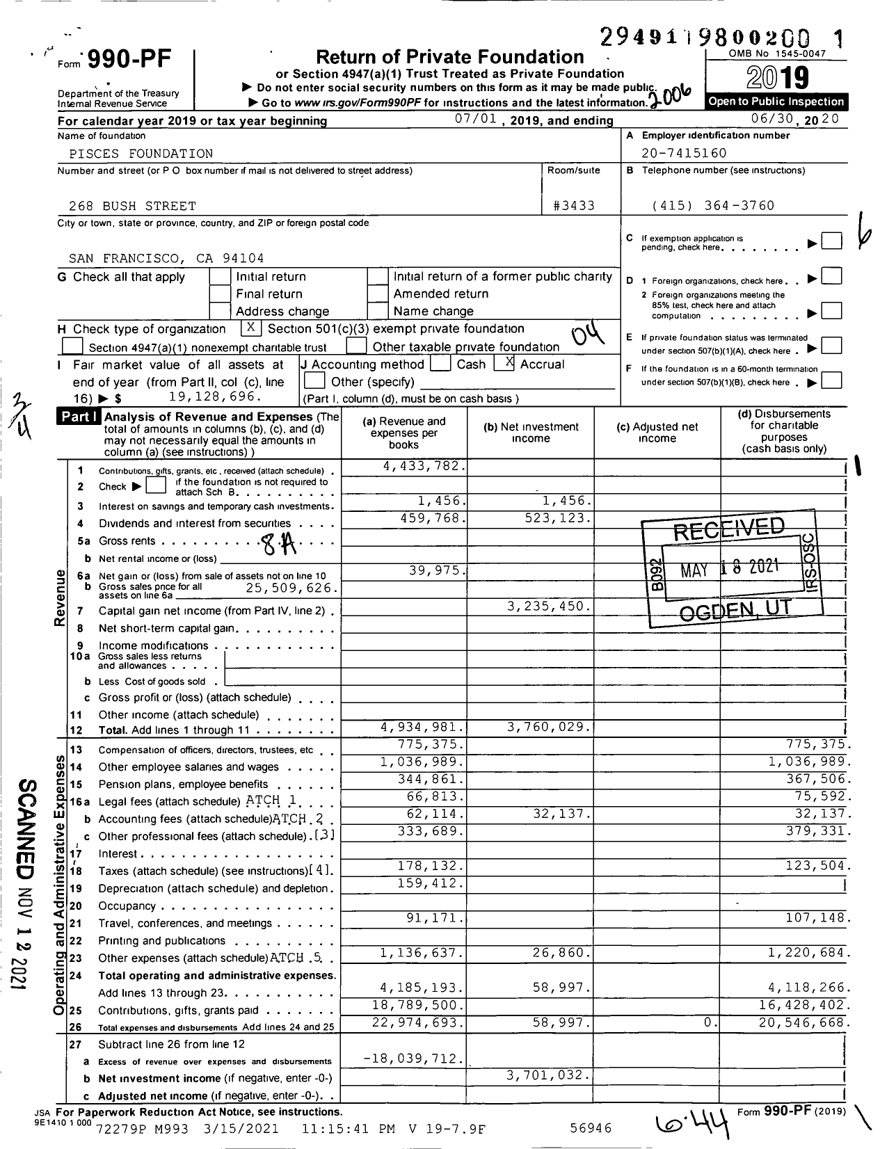 Image of first page of 2019 Form 990PF for Pisces Foundation