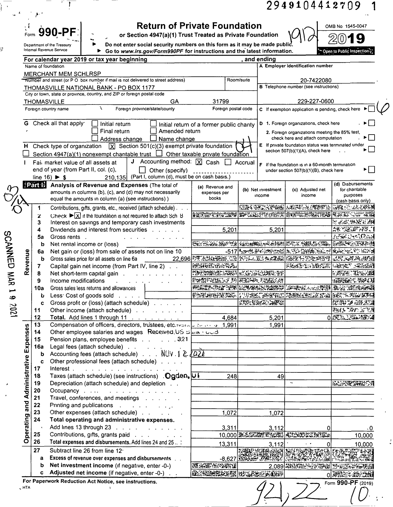 Image of first page of 2019 Form 990PF for Bobby Merchant Mem SCHLRSP Fund