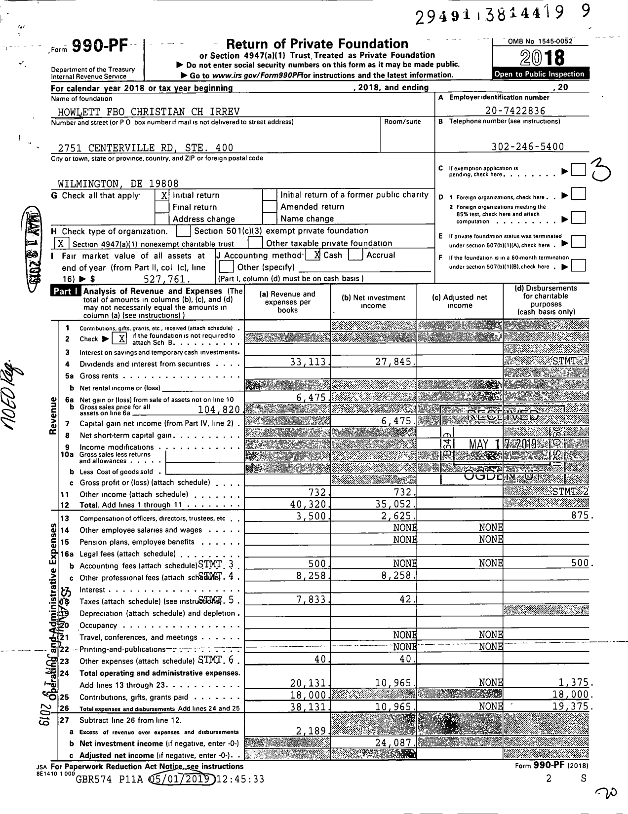 Image of first page of 2018 Form 990PF for Rd Howlett TR Fbo Christian Church 06h249960