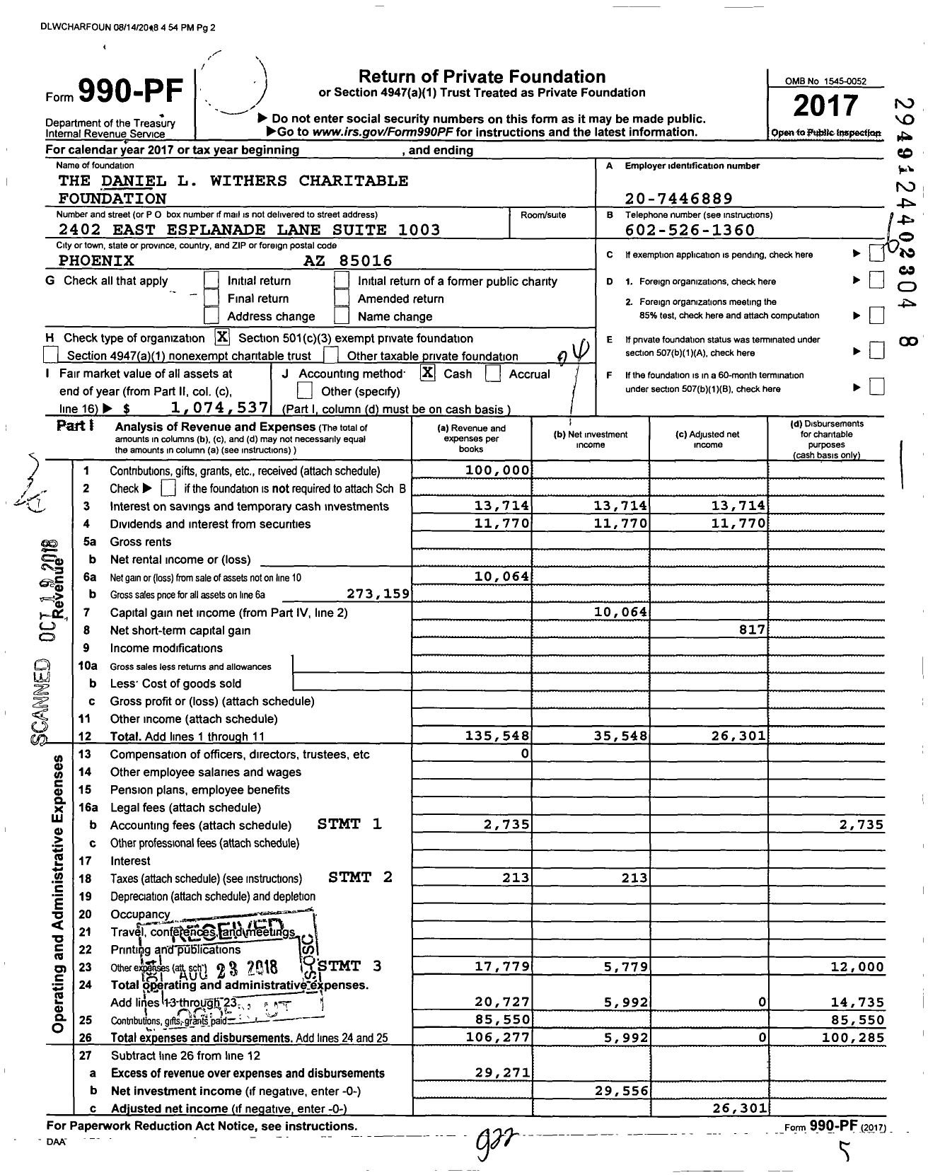 Image of first page of 2017 Form 990PF for The Daniel L Withers Charitable Foundation