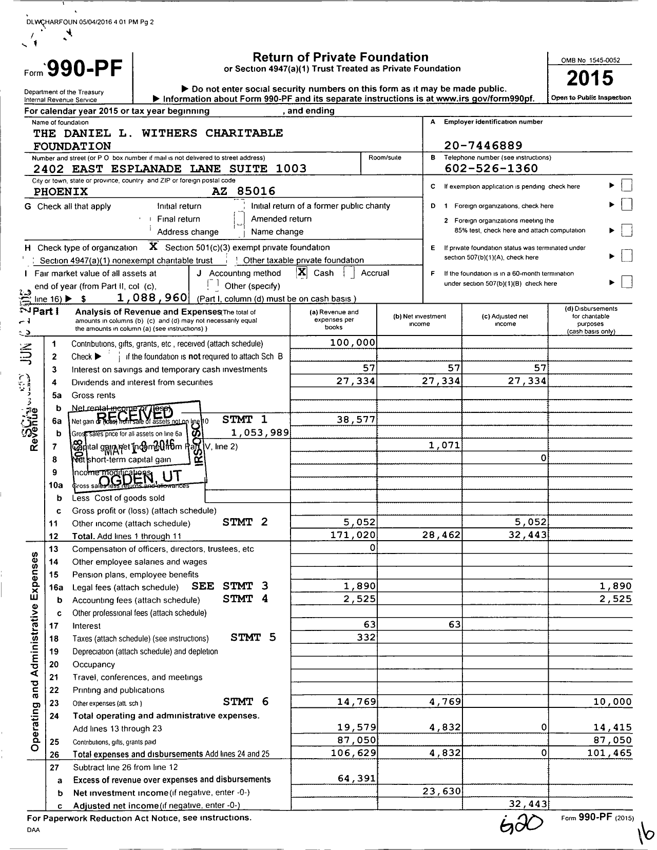 Image of first page of 2015 Form 990PF for The Daniel L Withers Charitable Foundation