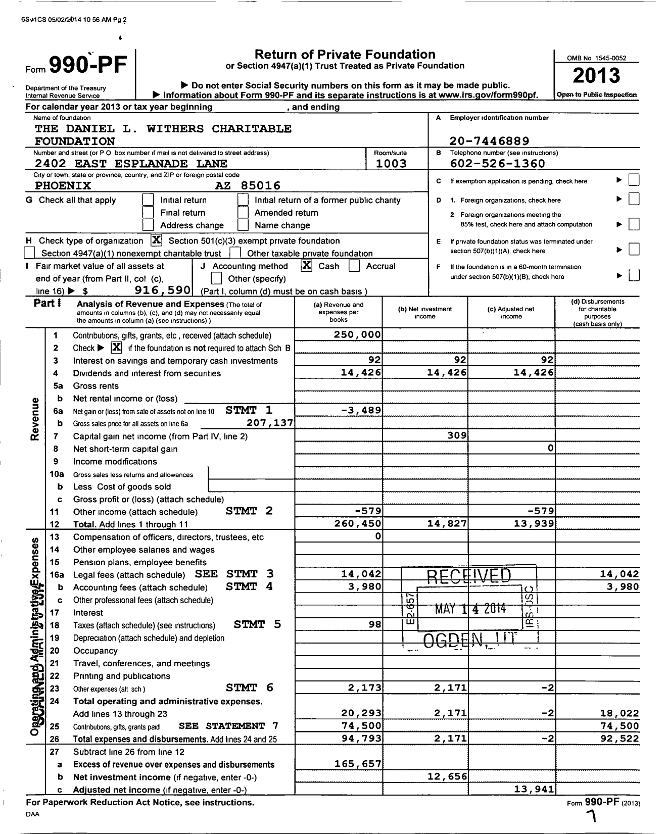 Image of first page of 2013 Form 990PF for The Daniel L Withers Charitable Foundation