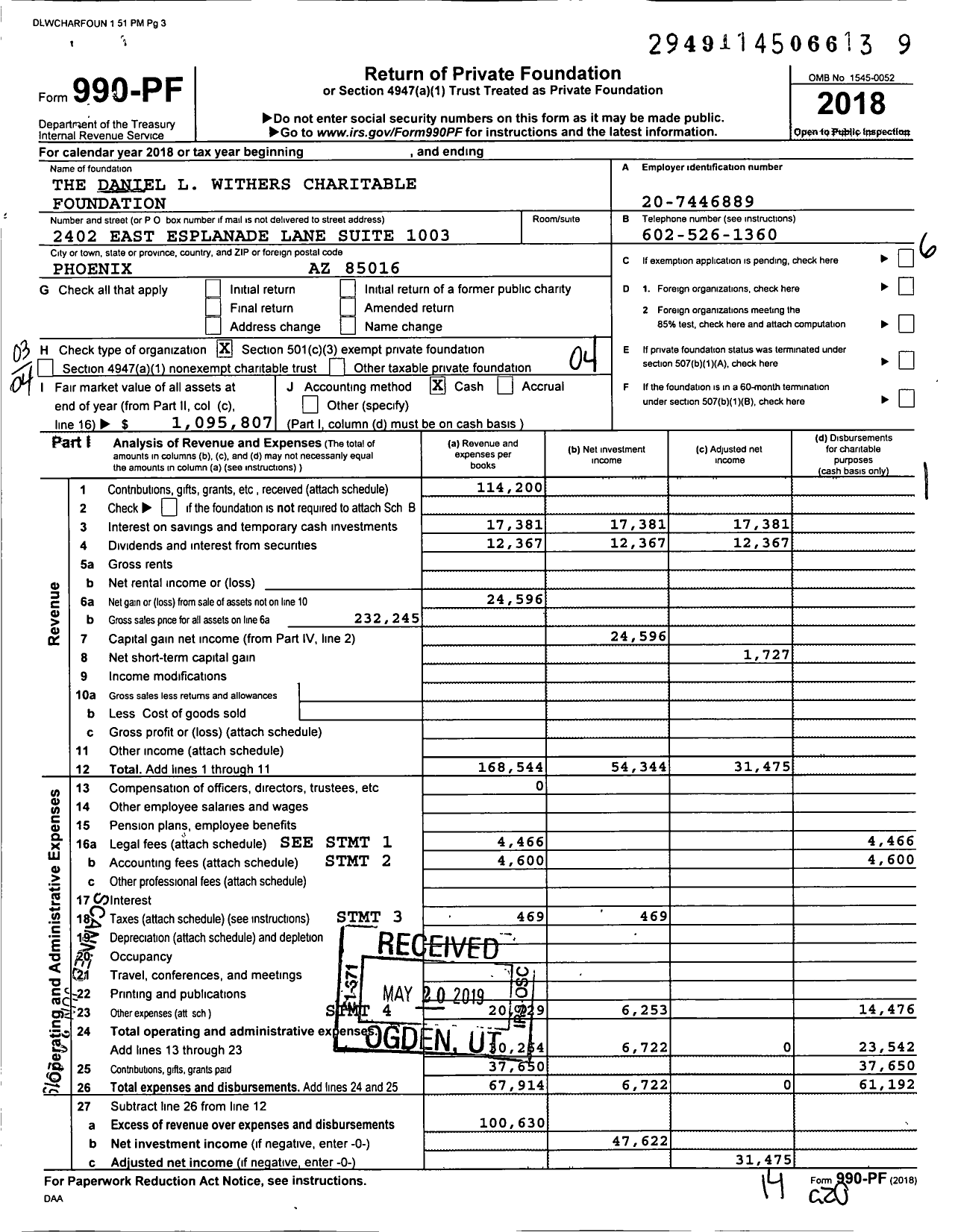 Image of first page of 2018 Form 990PF for The Daniel L Withers Charitable Foundation