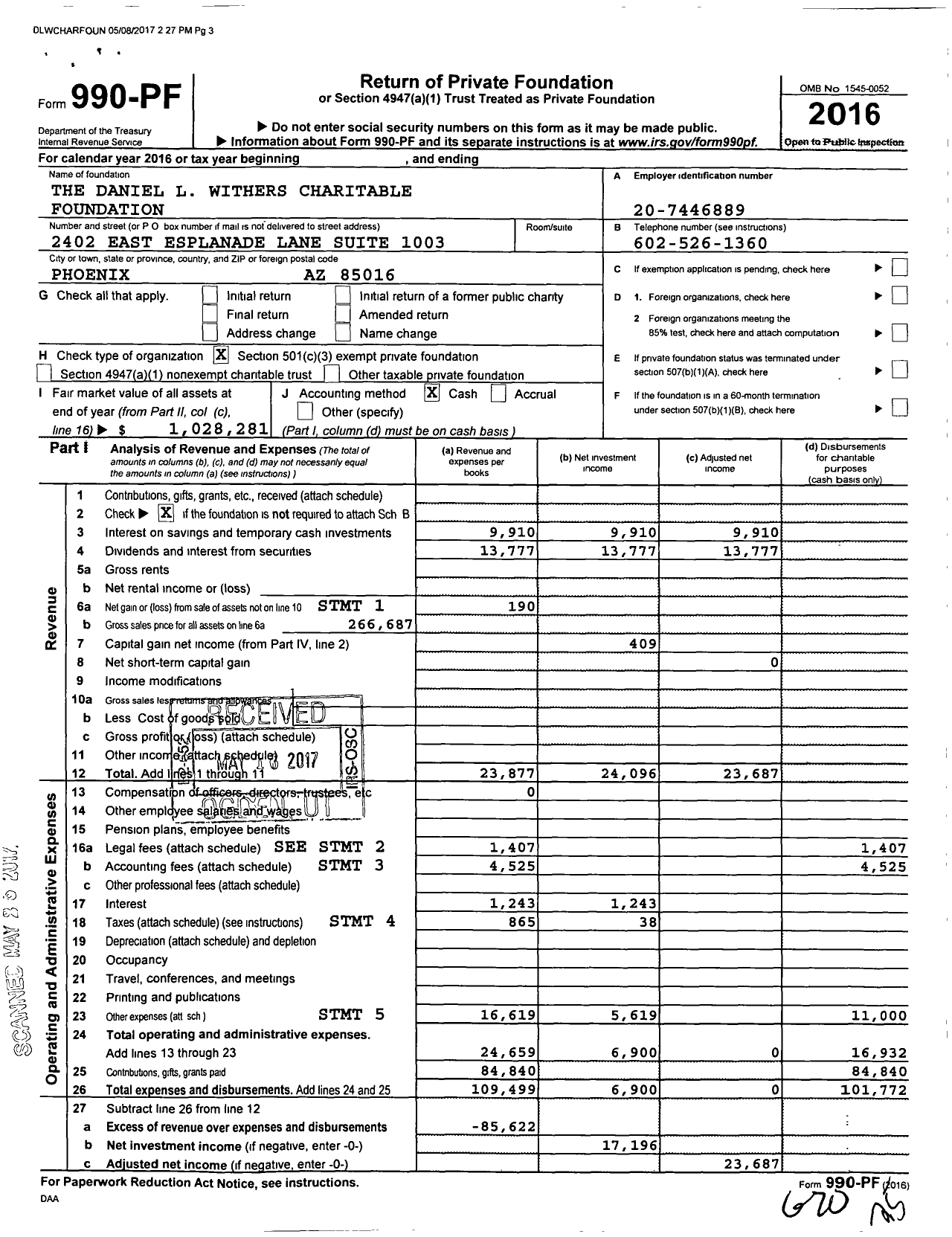 Image of first page of 2016 Form 990PF for The Daniel L Withers Charitable Foundation
