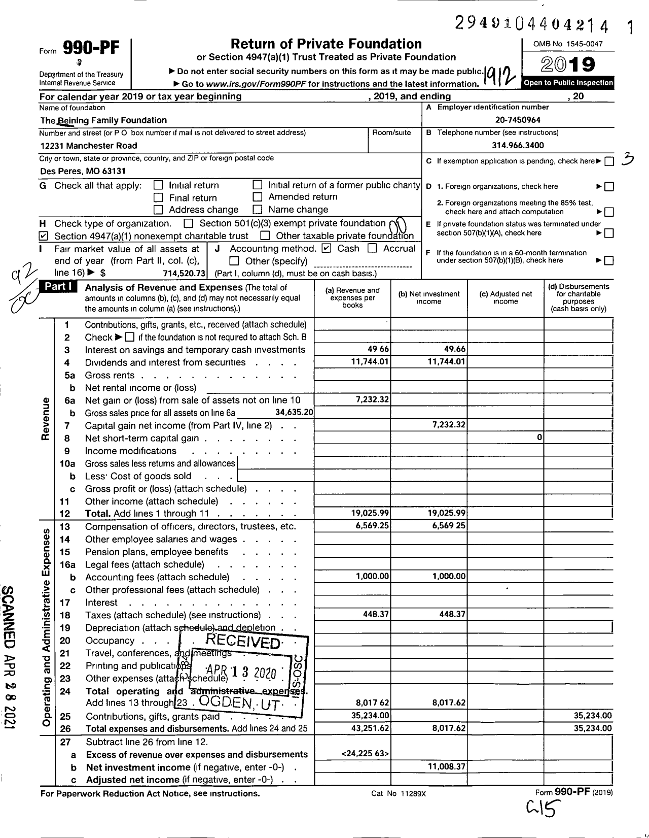 Image of first page of 2019 Form 990PF for Beining Family Foundation