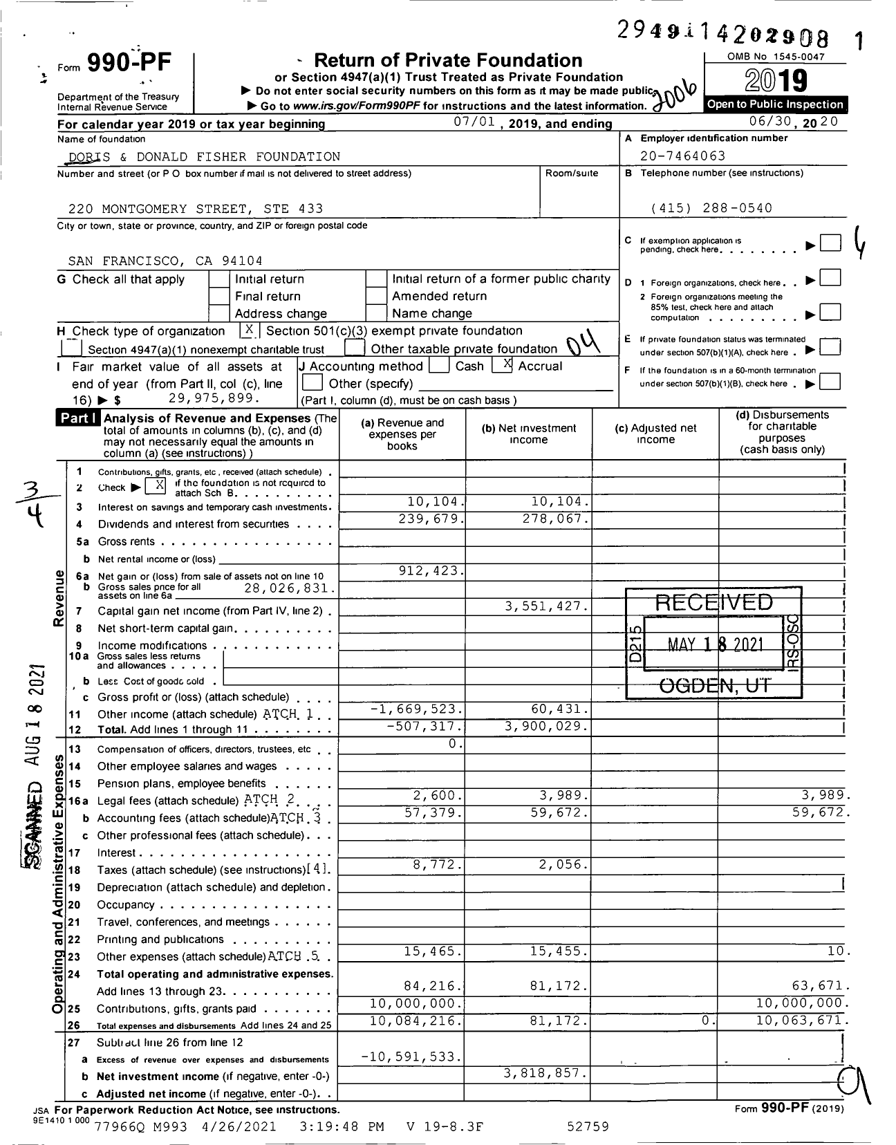 Image of first page of 2019 Form 990PF for Doris and Donald Fisher Foundation