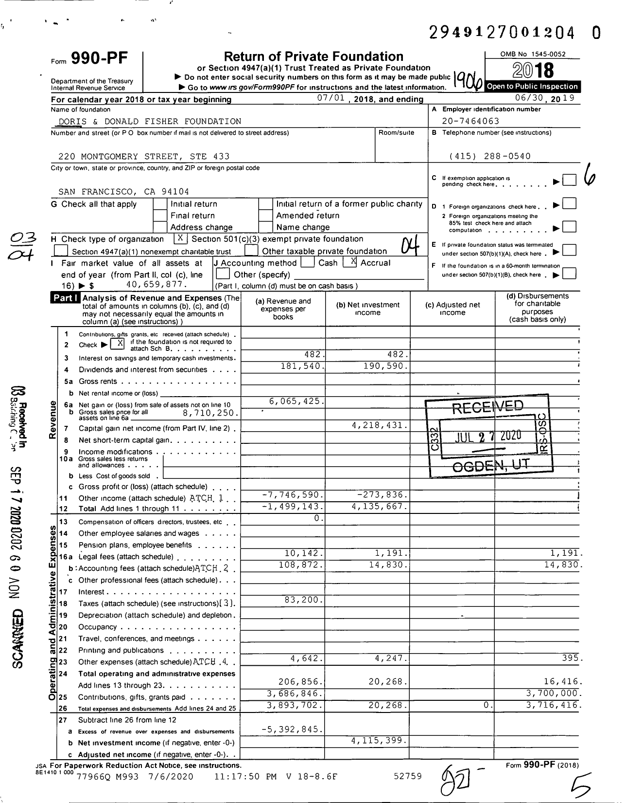 Image of first page of 2018 Form 990PF for Doris and Donald Fisher Foundation