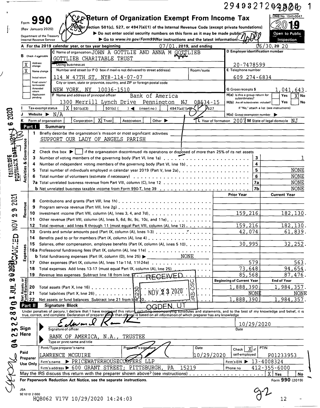 Image of first page of 2019 Form 990 for John and Gottlie and Anna M Gottlieb