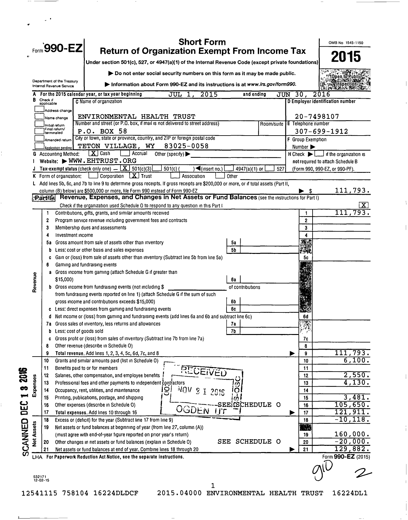 Image of first page of 2015 Form 990EZ for Environmental Health Trust