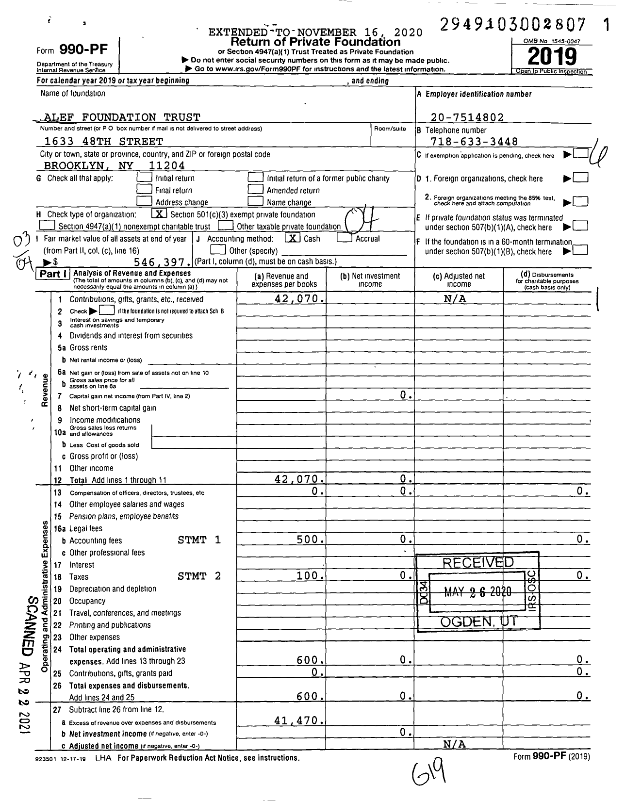 Image of first page of 2019 Form 990PF for Alef Foundation Trust